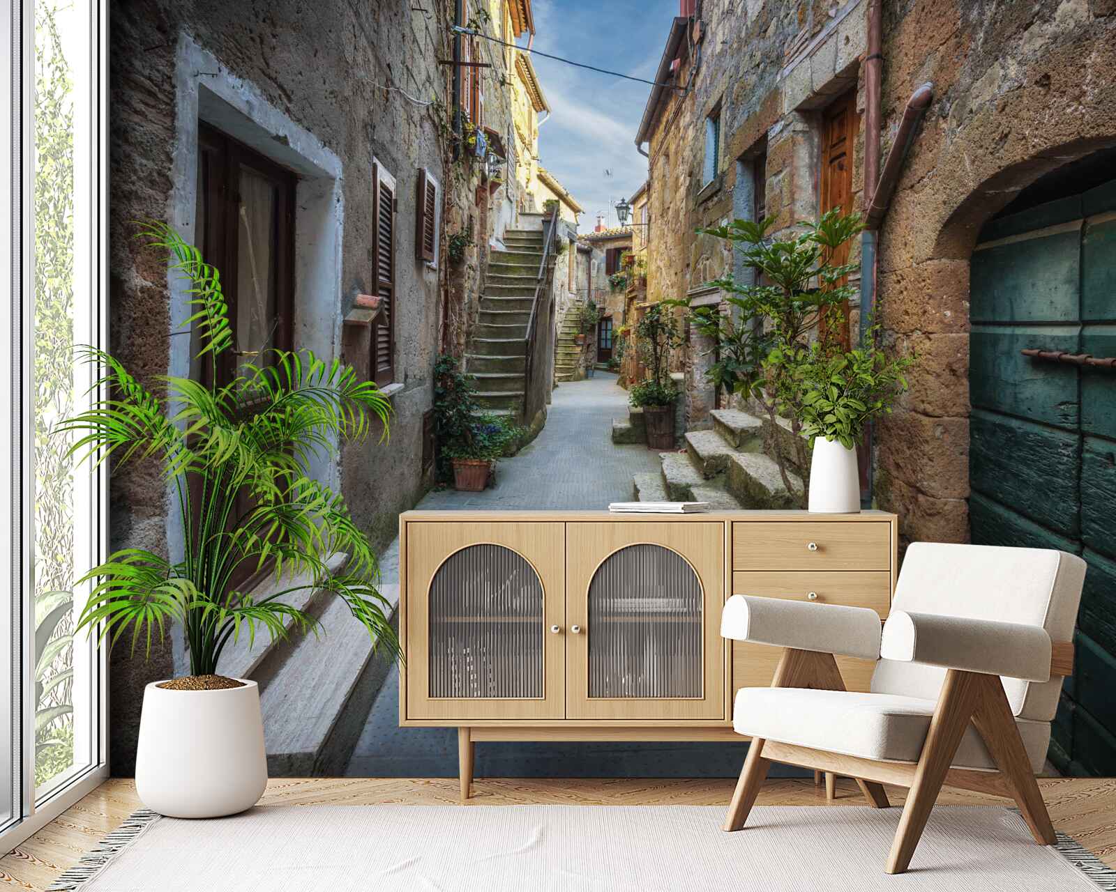 Fotobehang historische straat van steen tijdens de schemering