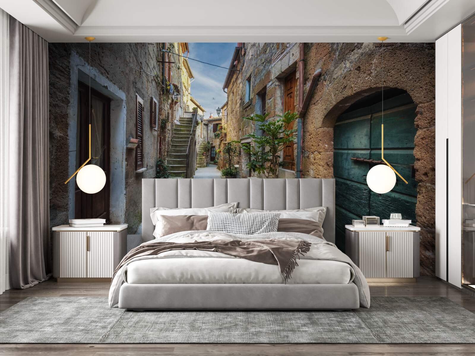 Fotobehang historische straat van steen tijdens de schemering