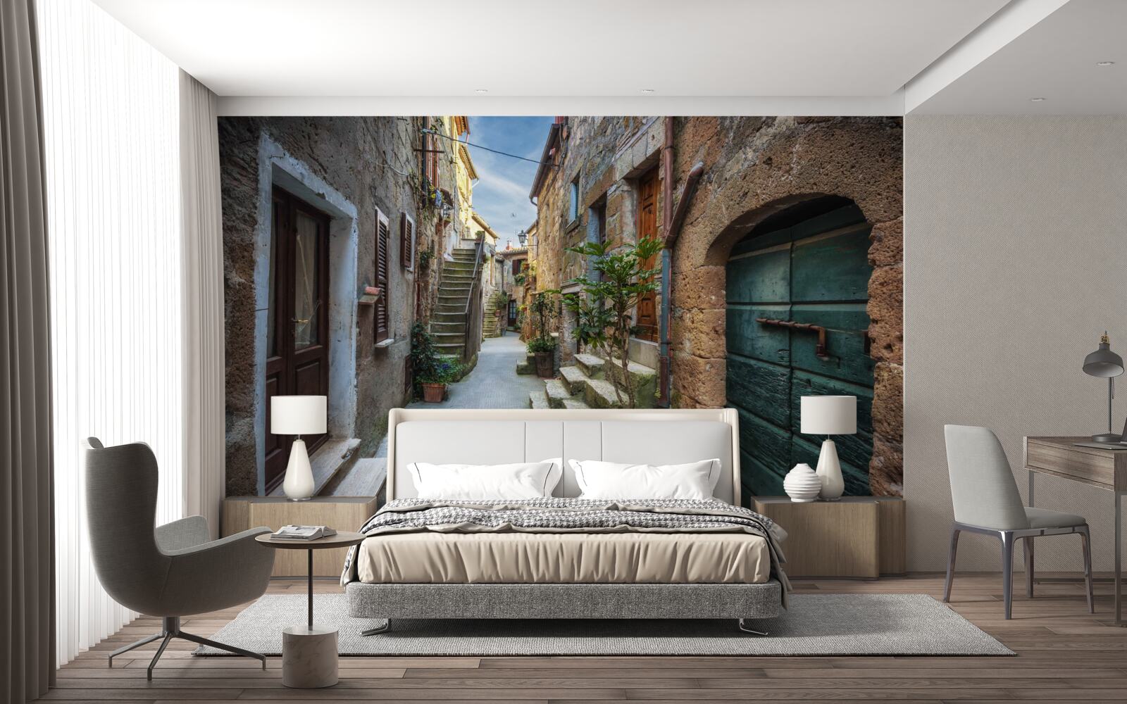 Fotobehang historische straat van steen tijdens de schemering