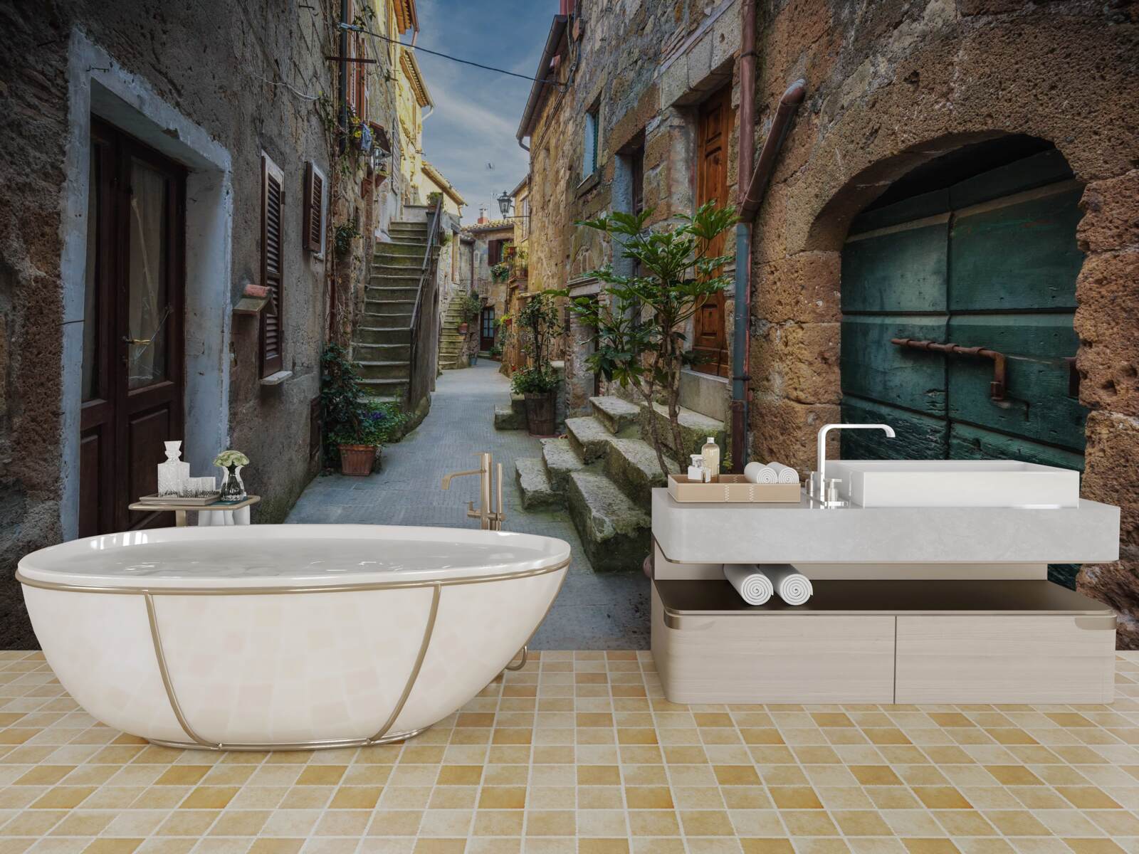 Fotobehang historische straat van steen tijdens de schemering