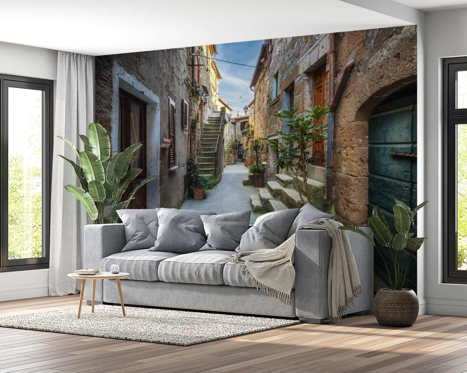 Fotobehang historische straat van steen tijdens de schemering