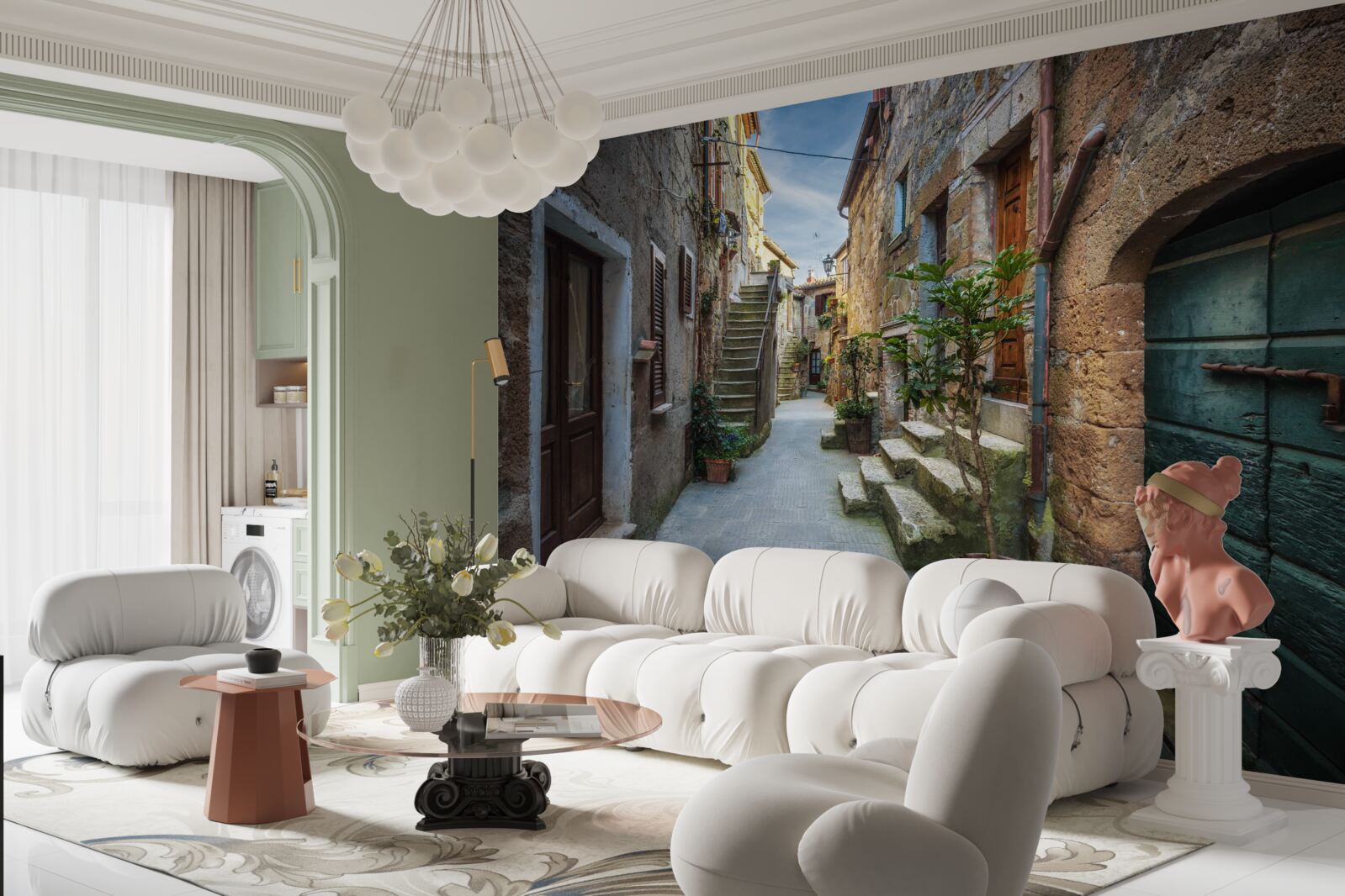 Fotobehang historische straat van steen tijdens de schemering