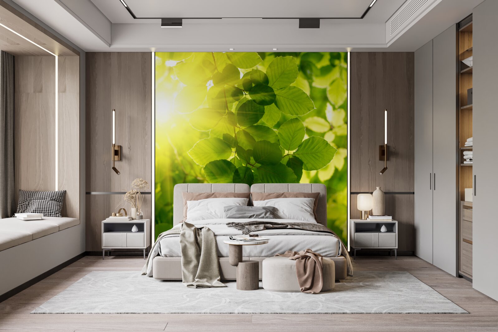 Fotobehang het ochtendlicht van de zon begroet de groene bladeren