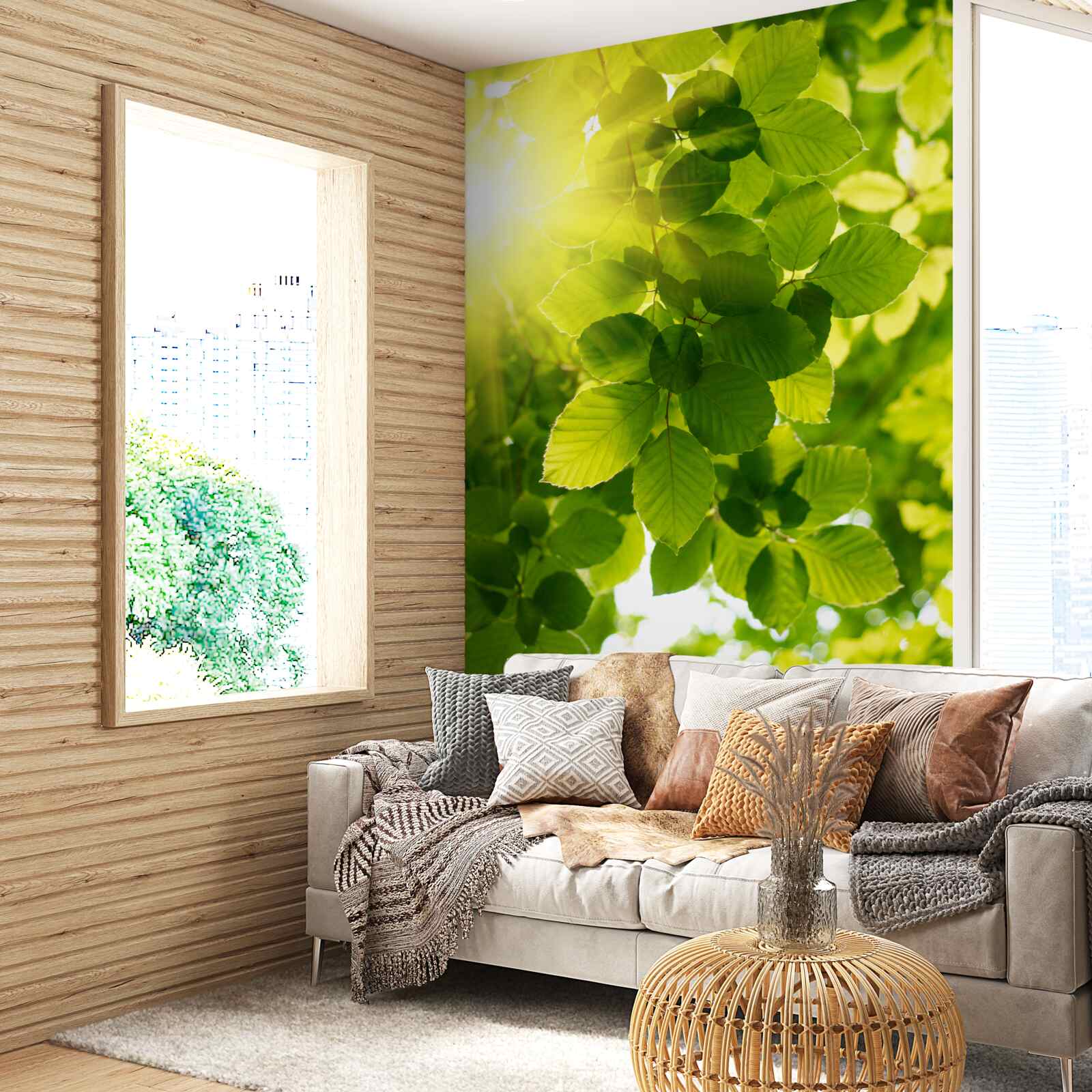 Fotobehang het ochtendlicht van de zon begroet de groene bladeren