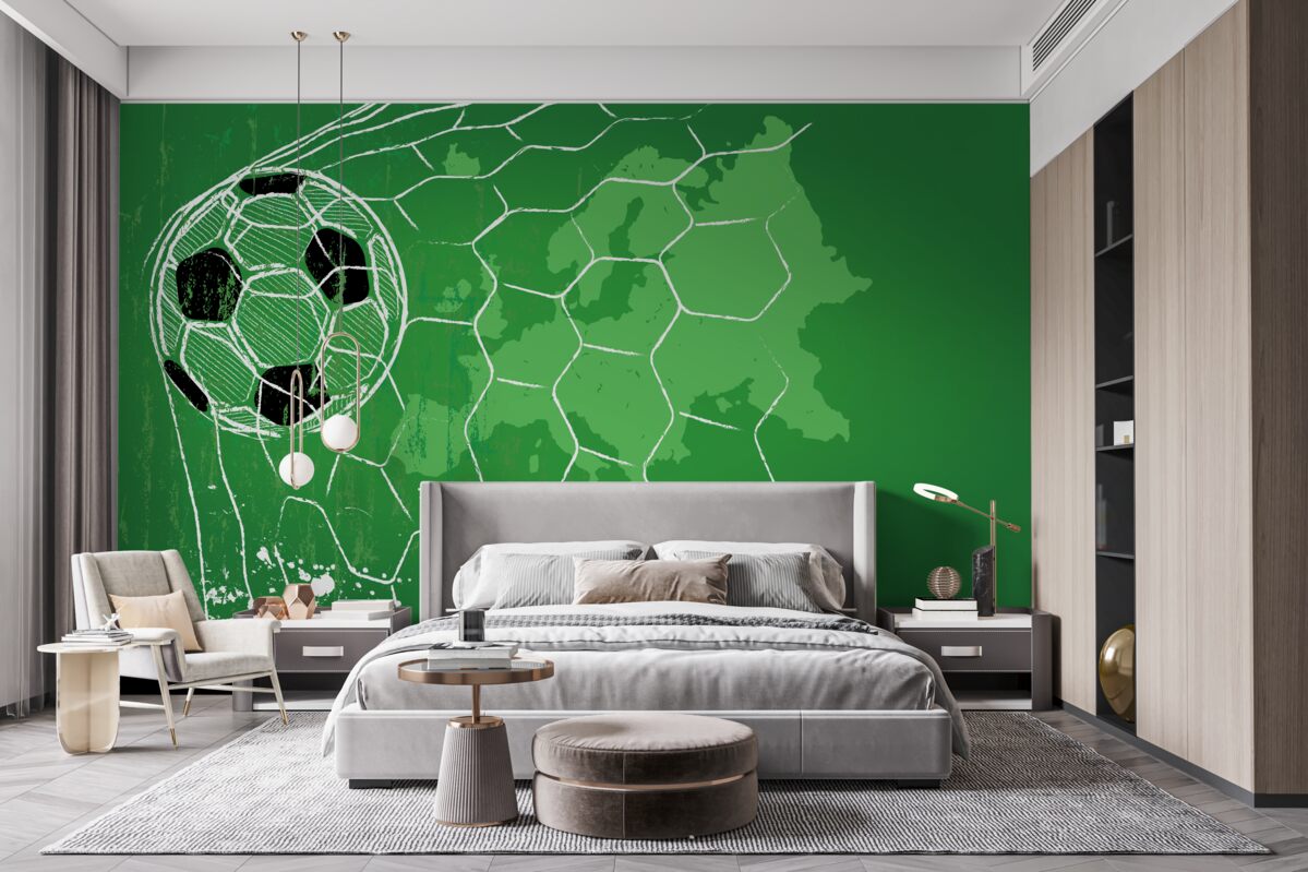 Fotobehang contour van een voetbal en een net tegen een groene achtergrond