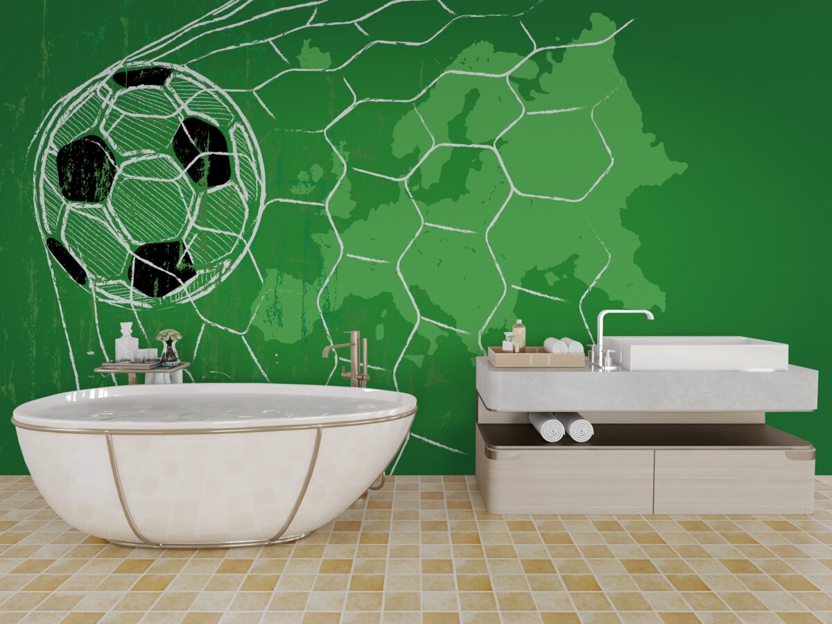 Fotobehang contour van een voetbal en een net tegen een groene achtergrond