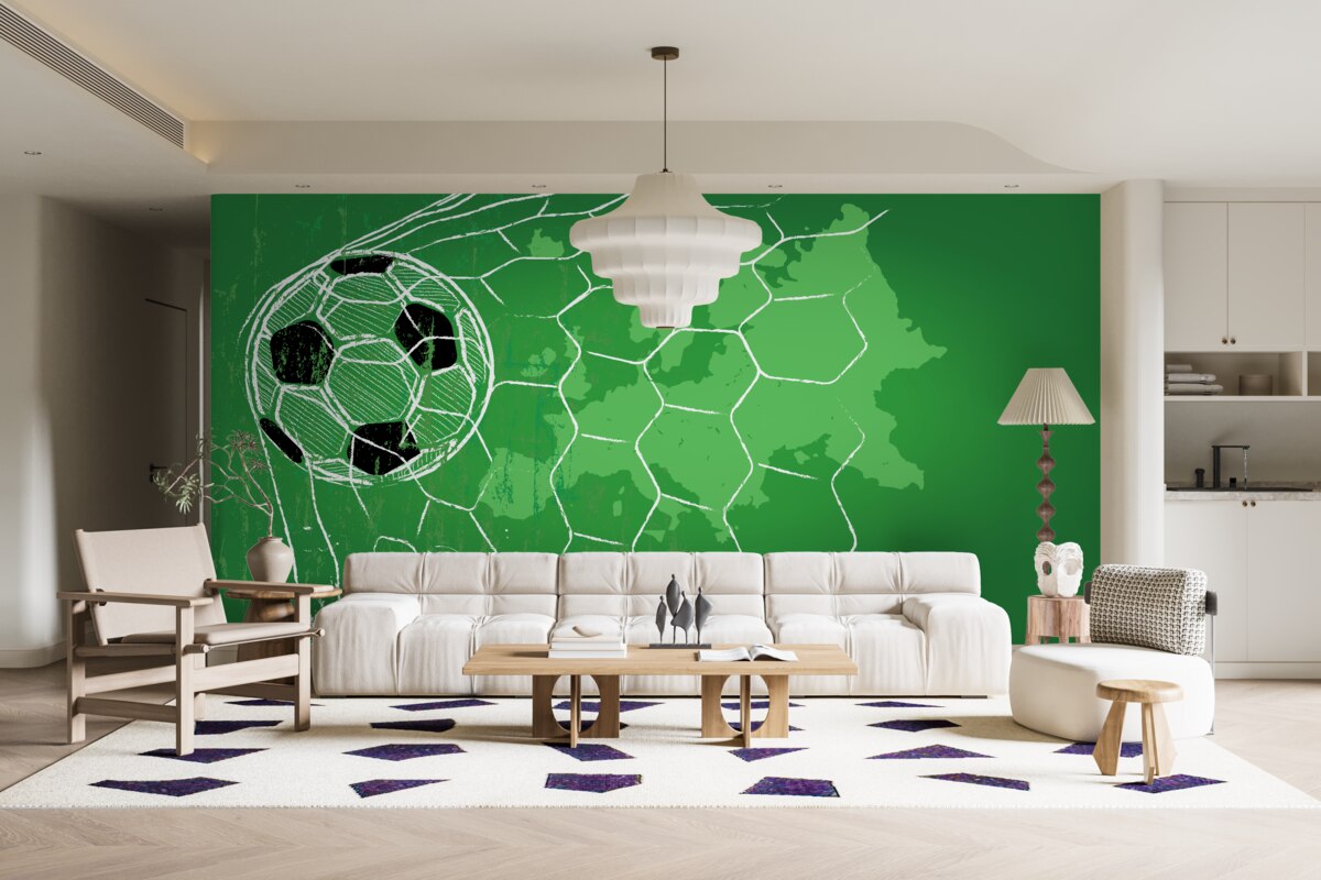 Fotobehang contour van een voetbal en een net tegen een groene achtergrond