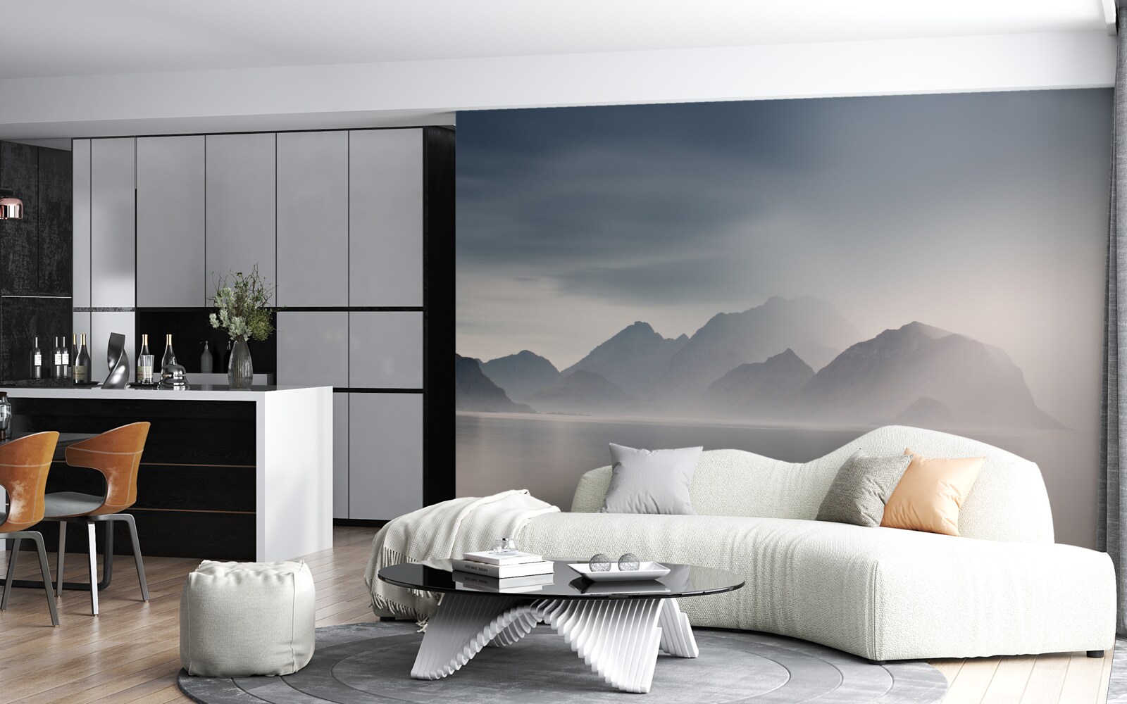 Fotobehang dichte mist daalt neer in de wateren die naar de bergen leiden