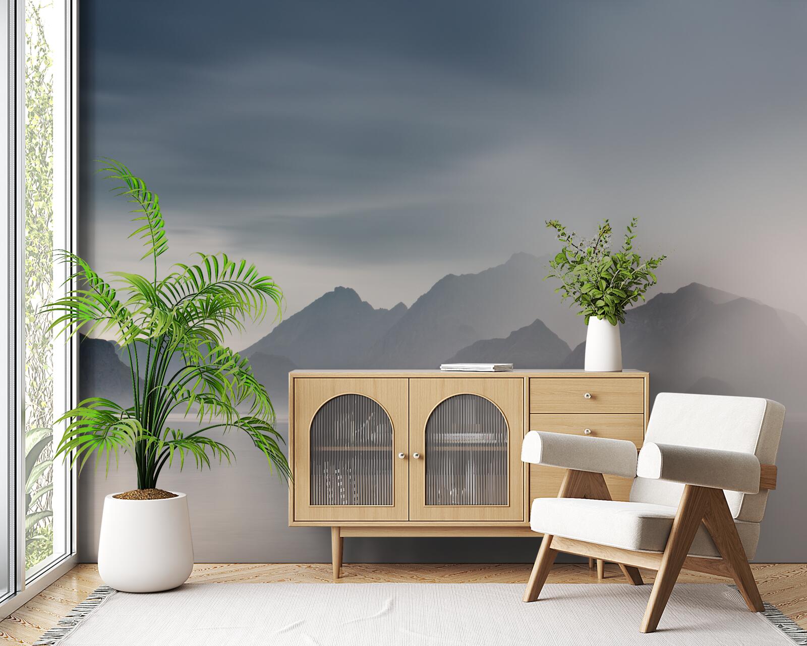 Fotobehang dichte mist daalt neer in de wateren die naar de bergen leiden