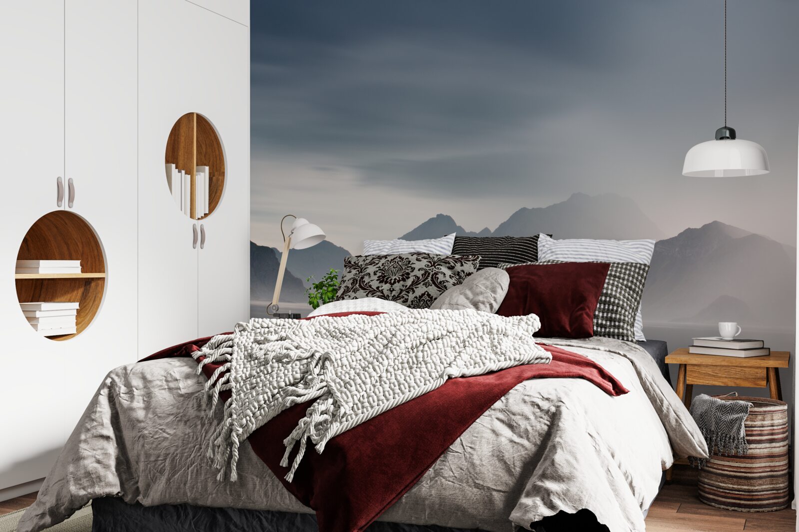 Fotobehang dichte mist daalt neer in de wateren die naar de bergen leiden