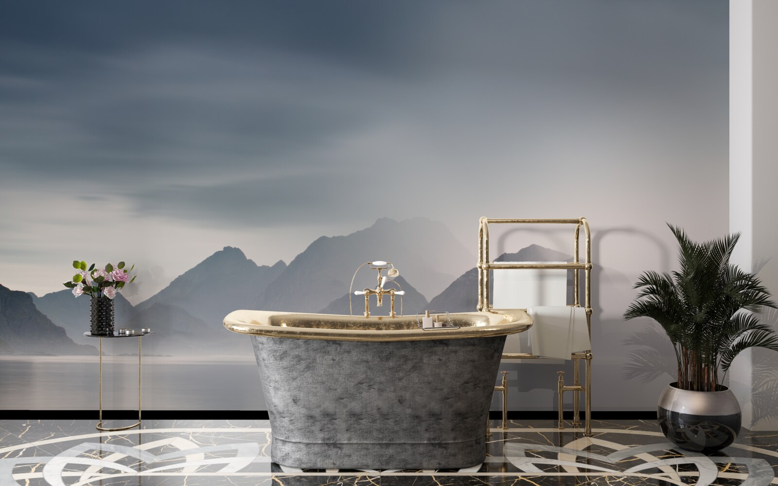 Fotobehang dichte mist daalt neer in de wateren die naar de bergen leiden