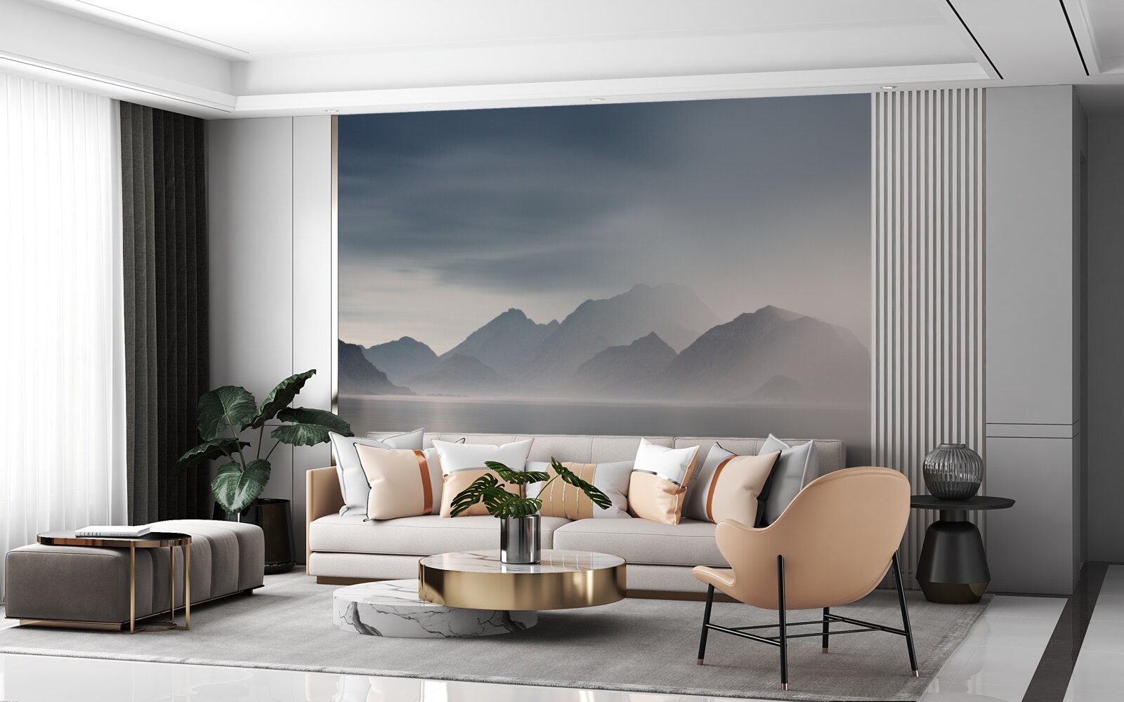 Fotobehang dichte mist daalt neer in de wateren die naar de bergen leiden