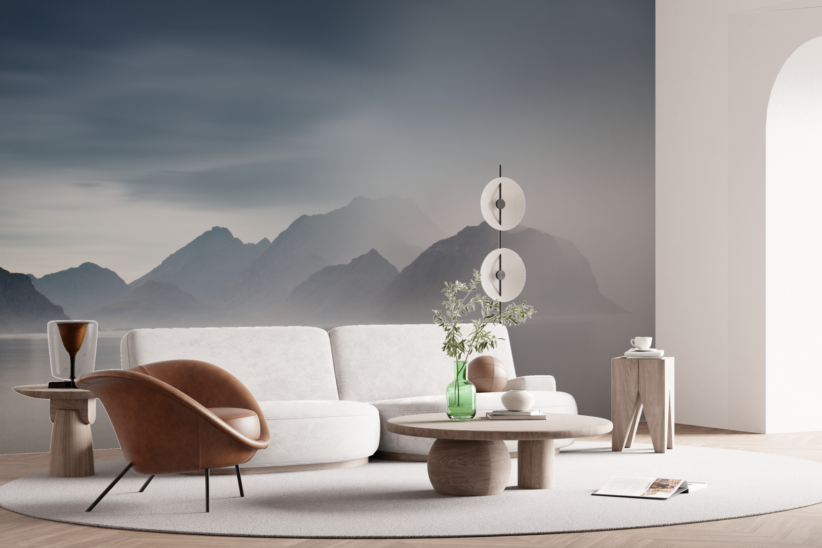 Fotobehang dichte mist daalt neer in de wateren die naar de bergen leiden