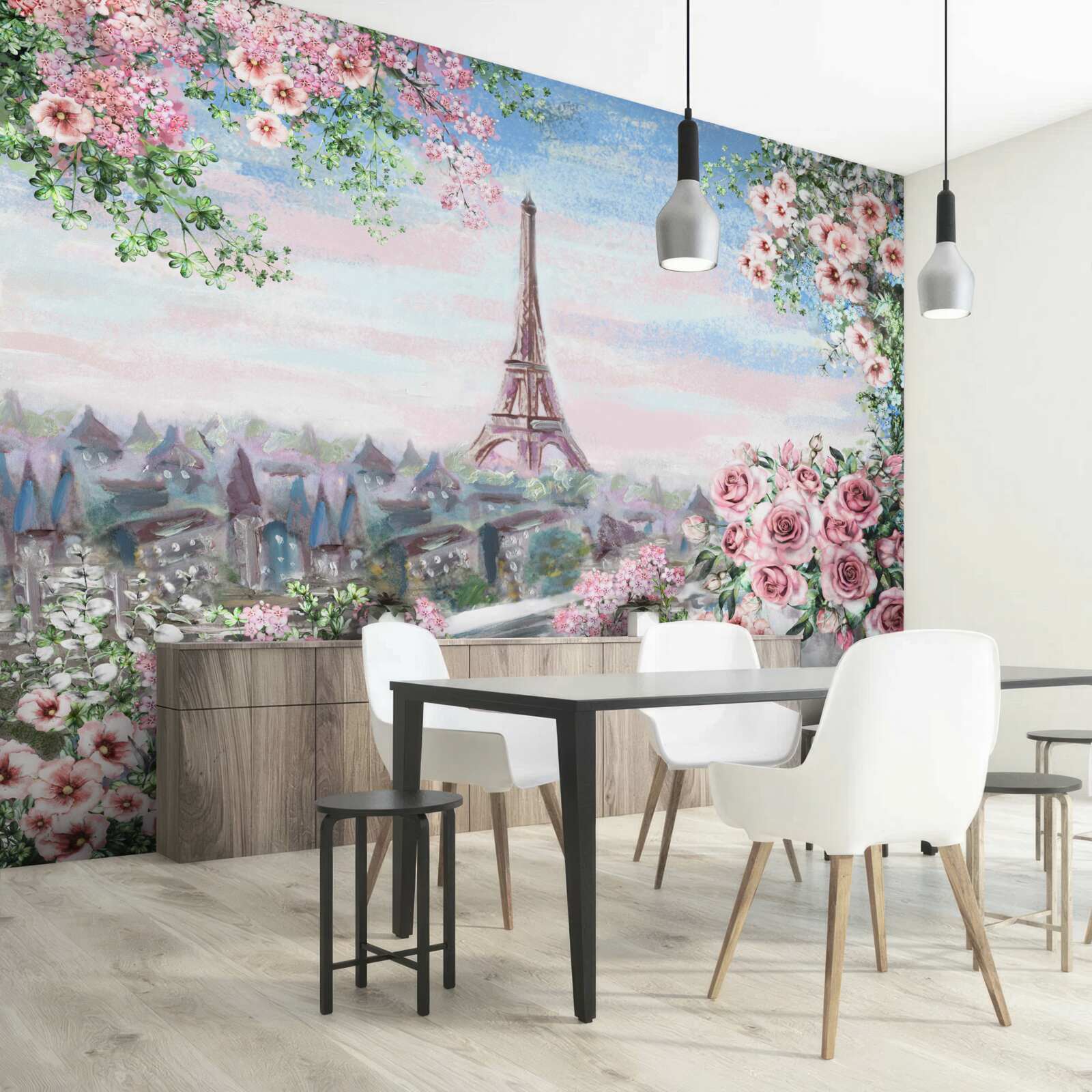 Fotobehang roze bloemen in een tuin tegenover de eiffeltoren