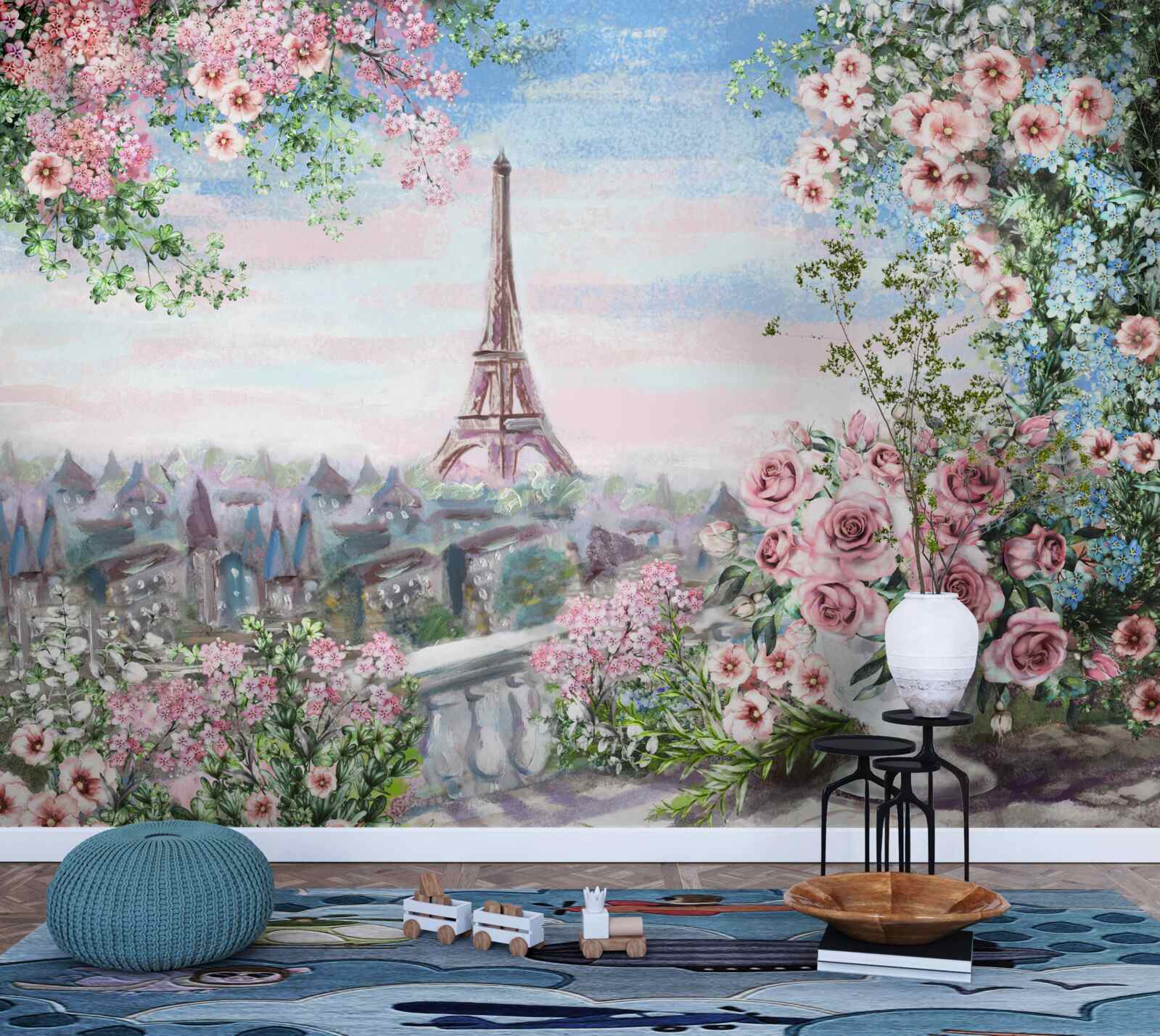 Fotobehang roze bloemen in een tuin tegenover de eiffeltoren