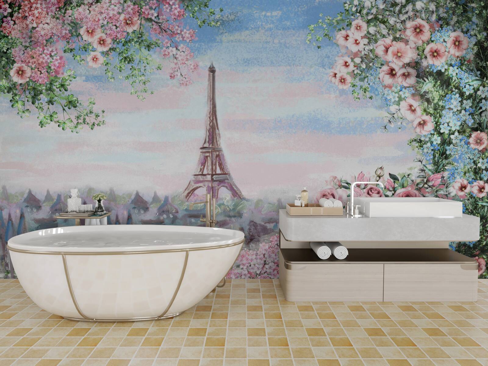 Fotobehang roze bloemen in een tuin tegenover de eiffeltoren