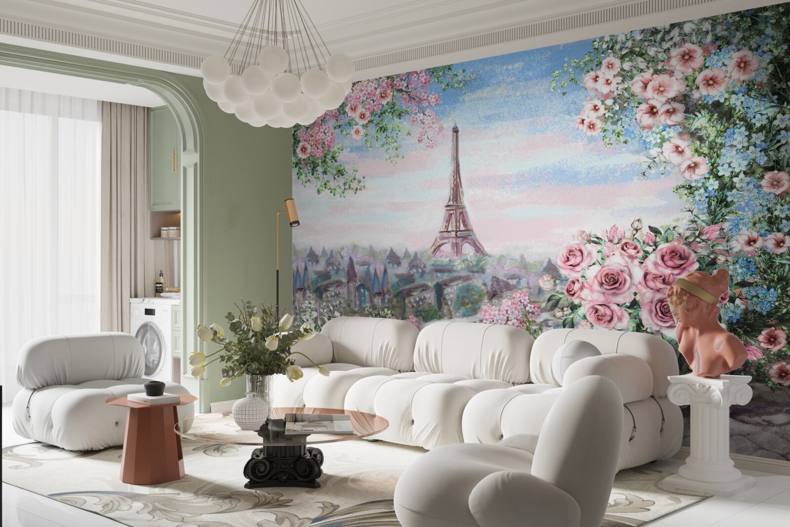 Fotobehang roze bloemen in een tuin tegenover de eiffeltoren