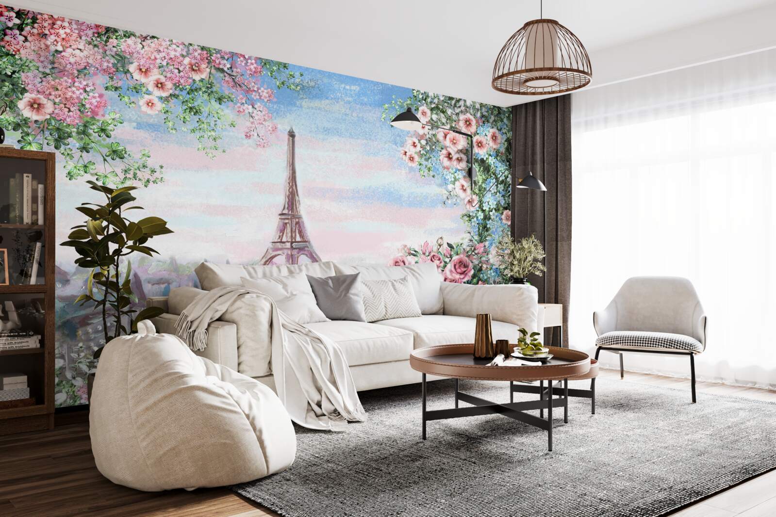 Fotobehang roze bloemen in een tuin tegenover de eiffeltoren