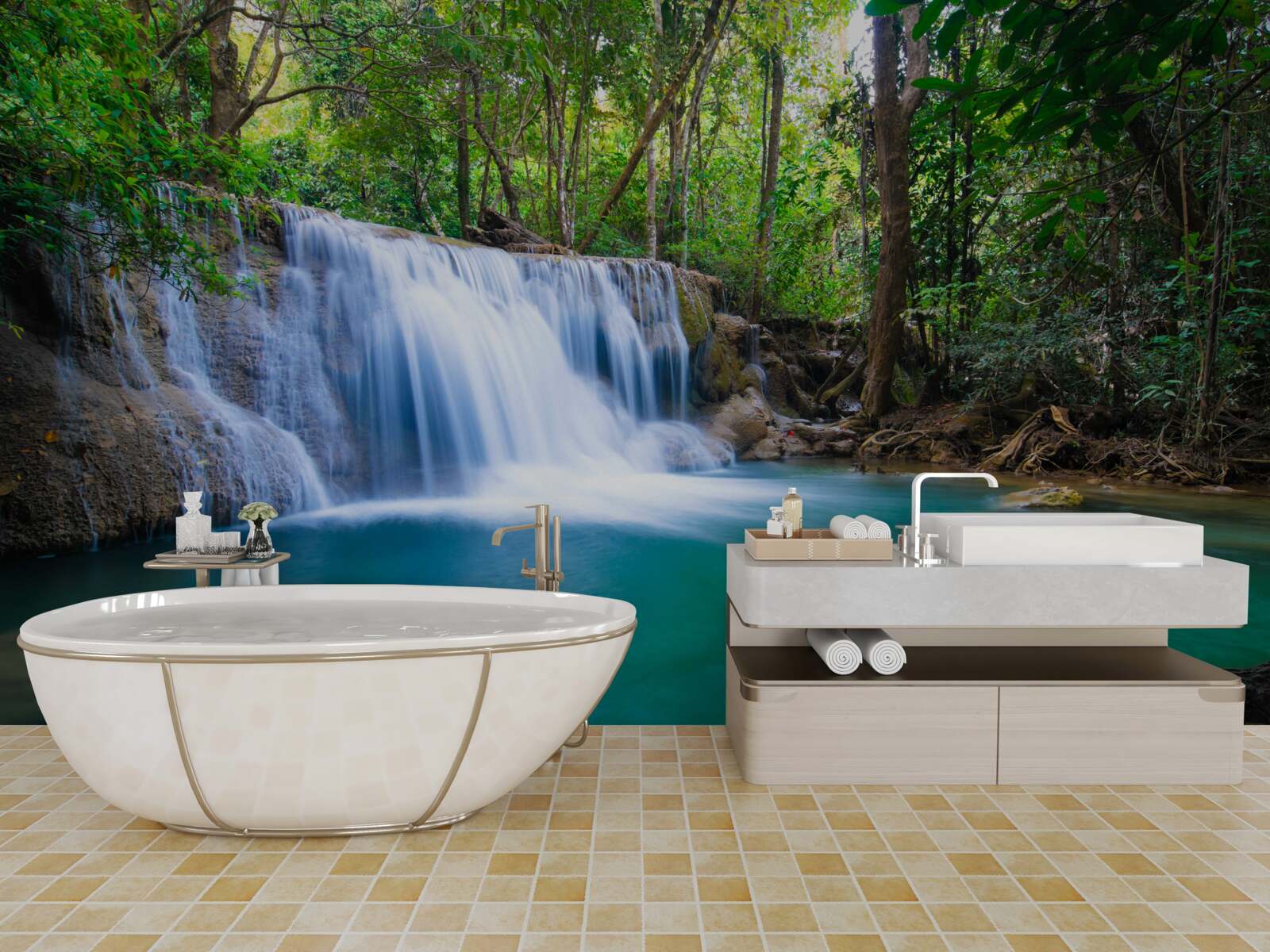 Fotobehang verbazingwekkend helder water van de waterpoel in het bos