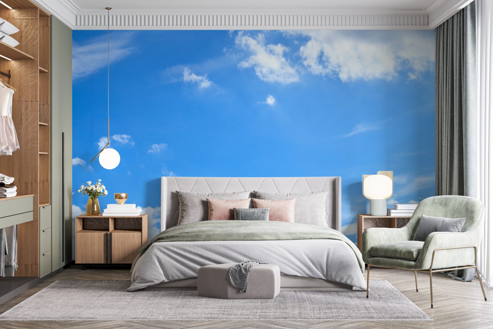 Fotobehang hemelsblauw met sneeuwwitte wolken