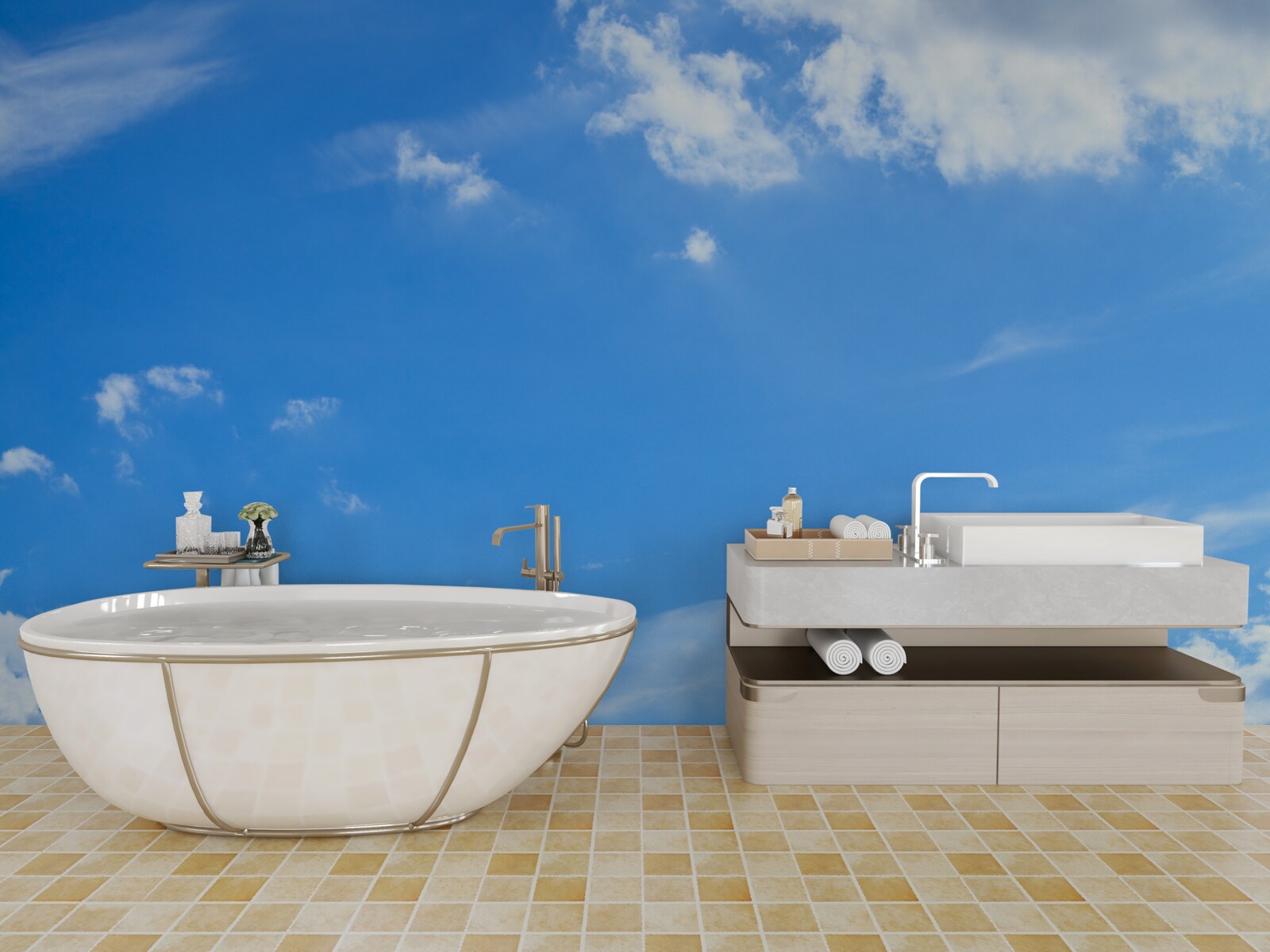 Fotobehang hemelsblauw met sneeuwwitte wolken