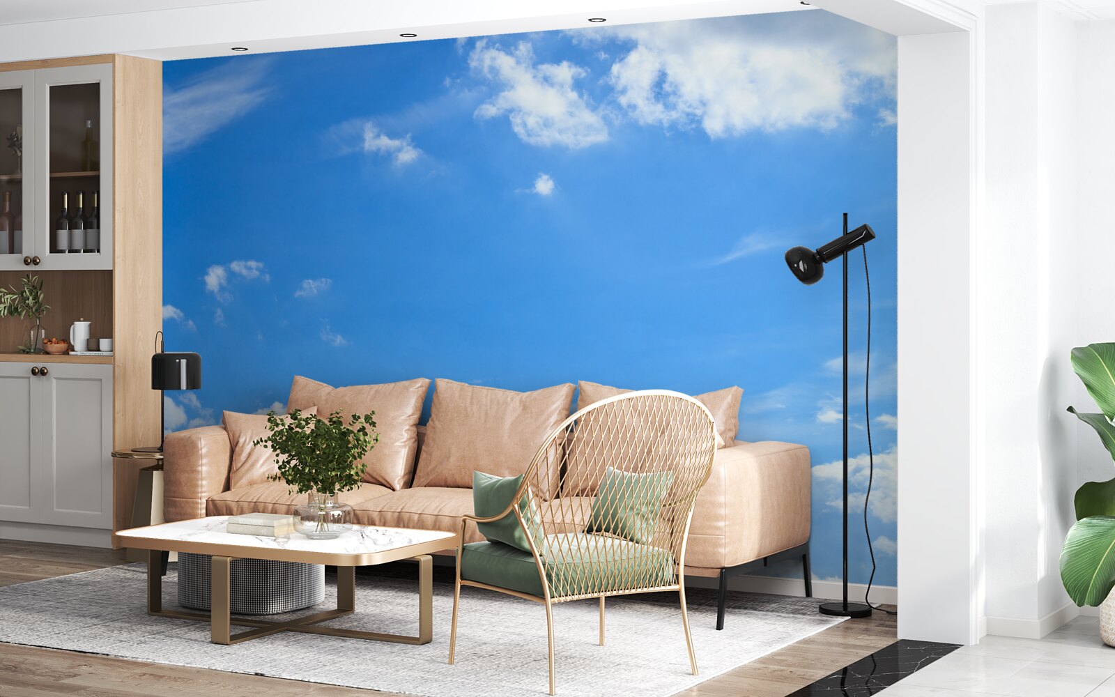 Fotobehang hemelsblauw met sneeuwwitte wolken