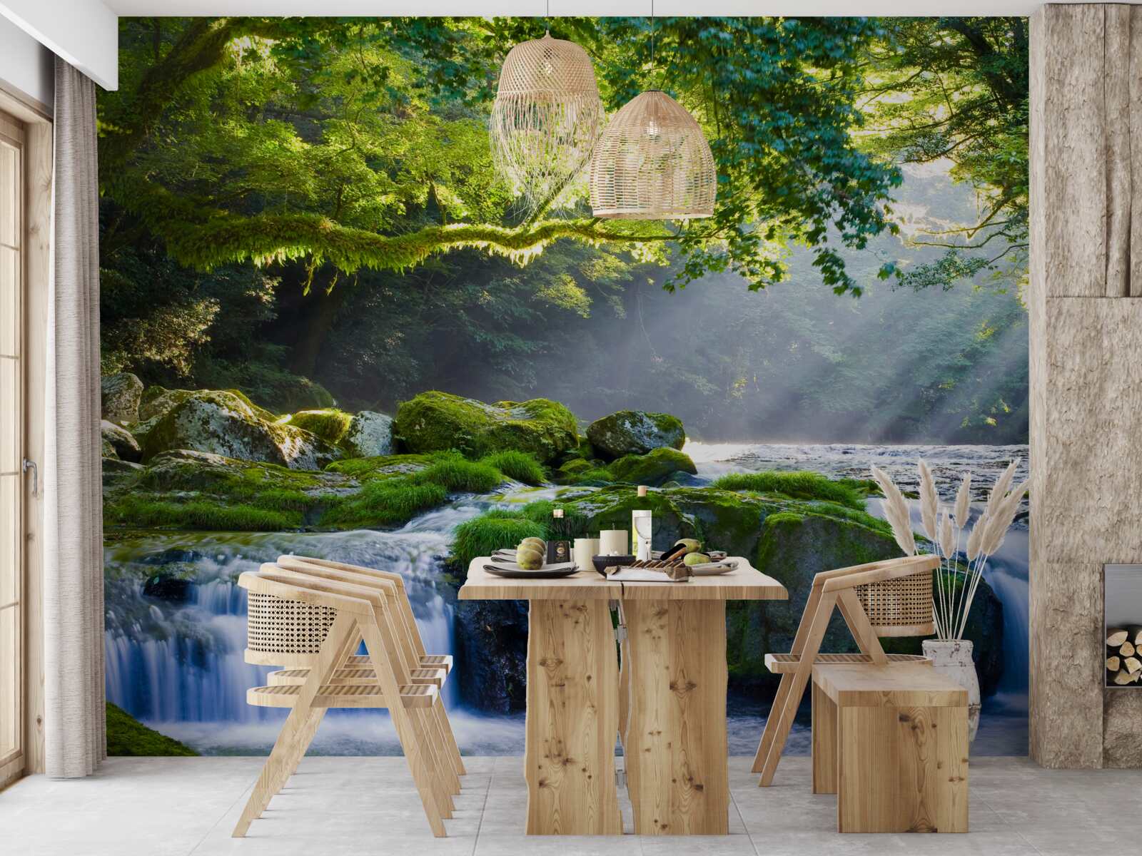 Fotobehang de zonnestralen bereiken de boswaterval