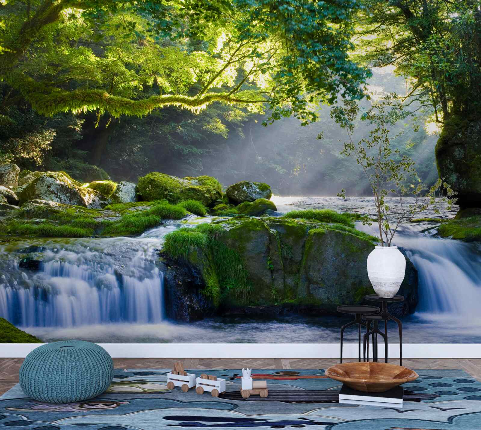 Fotobehang de zonnestralen bereiken de boswaterval