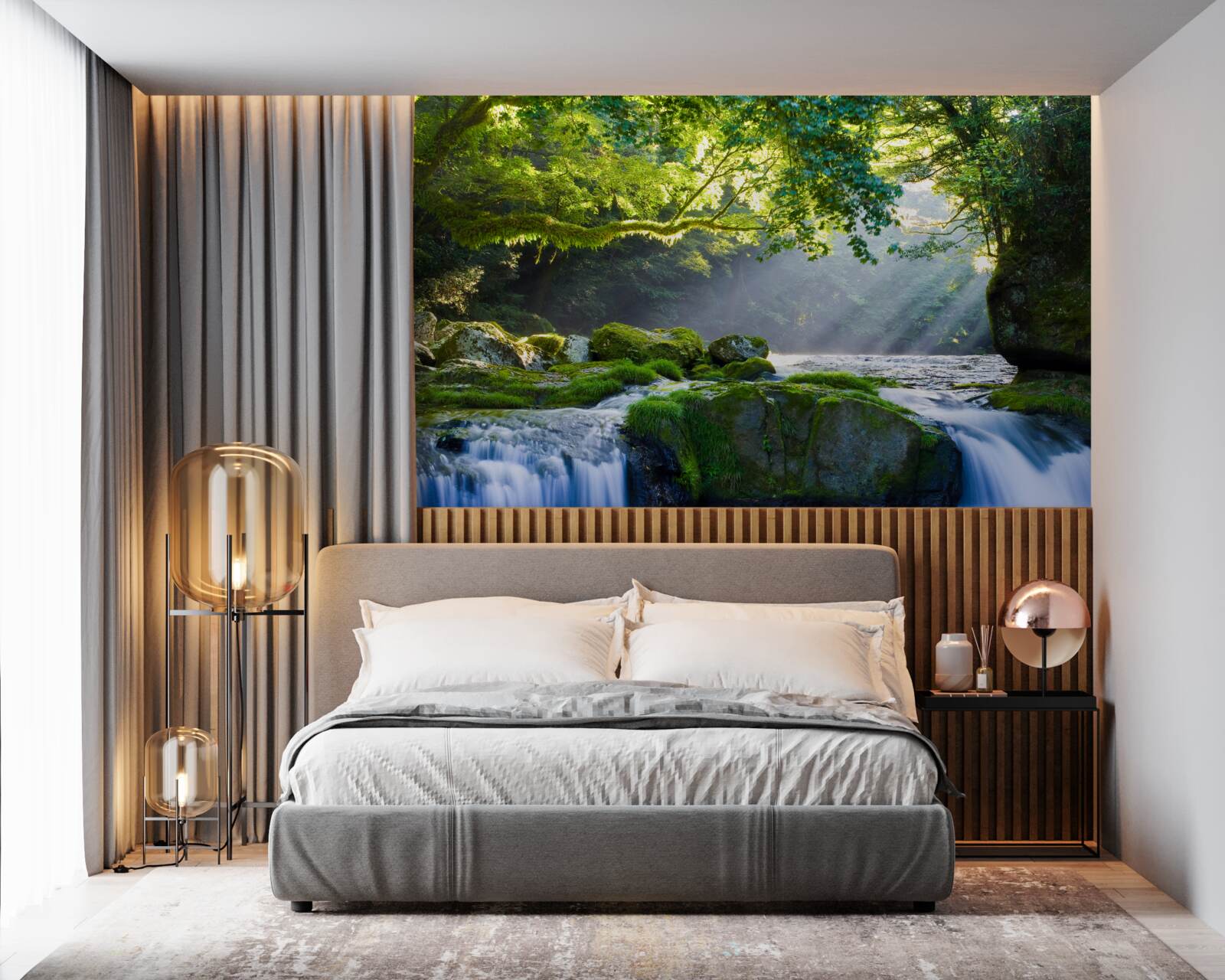 Fotobehang de zonnestralen bereiken de boswaterval