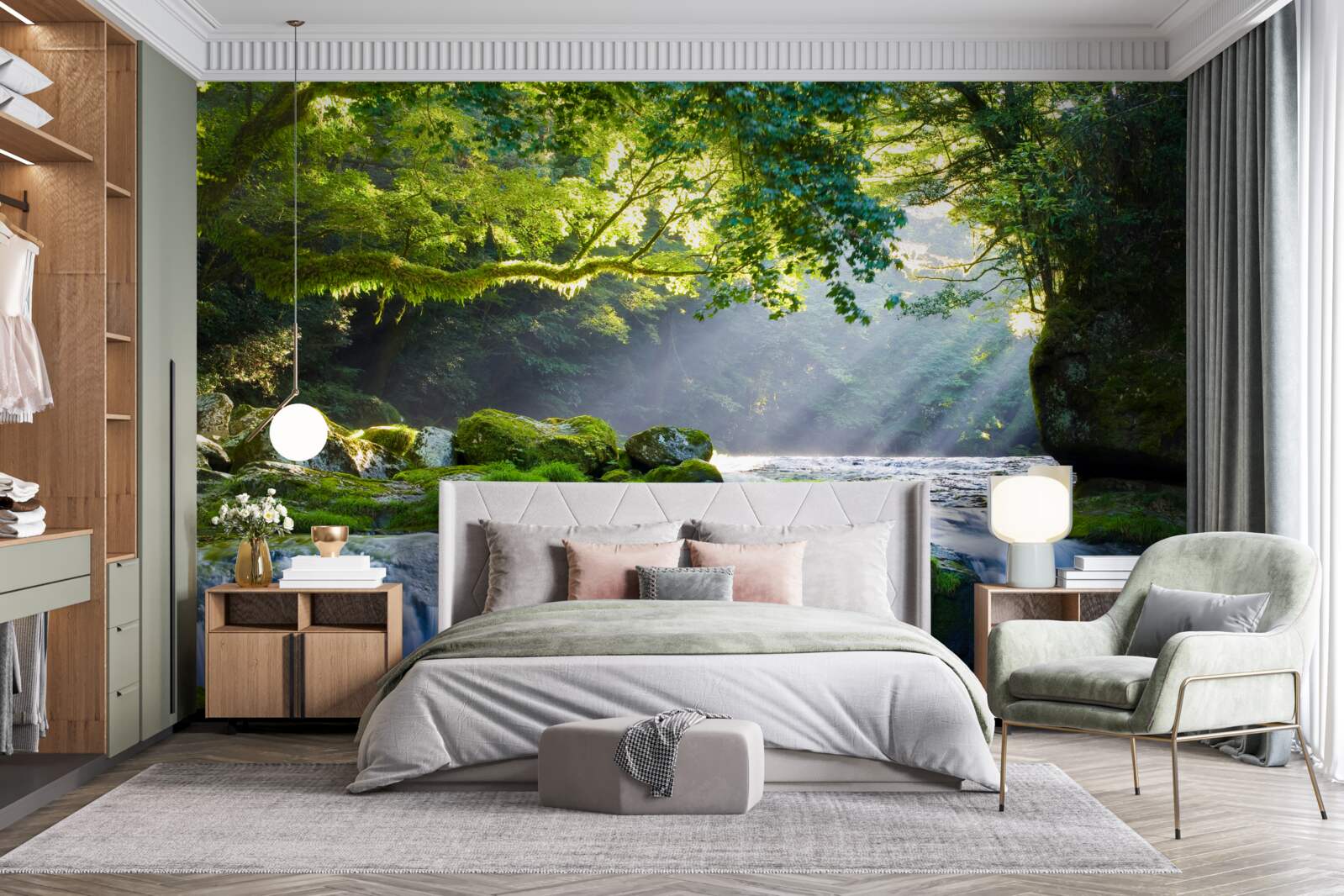 Fotobehang de zonnestralen bereiken de boswaterval