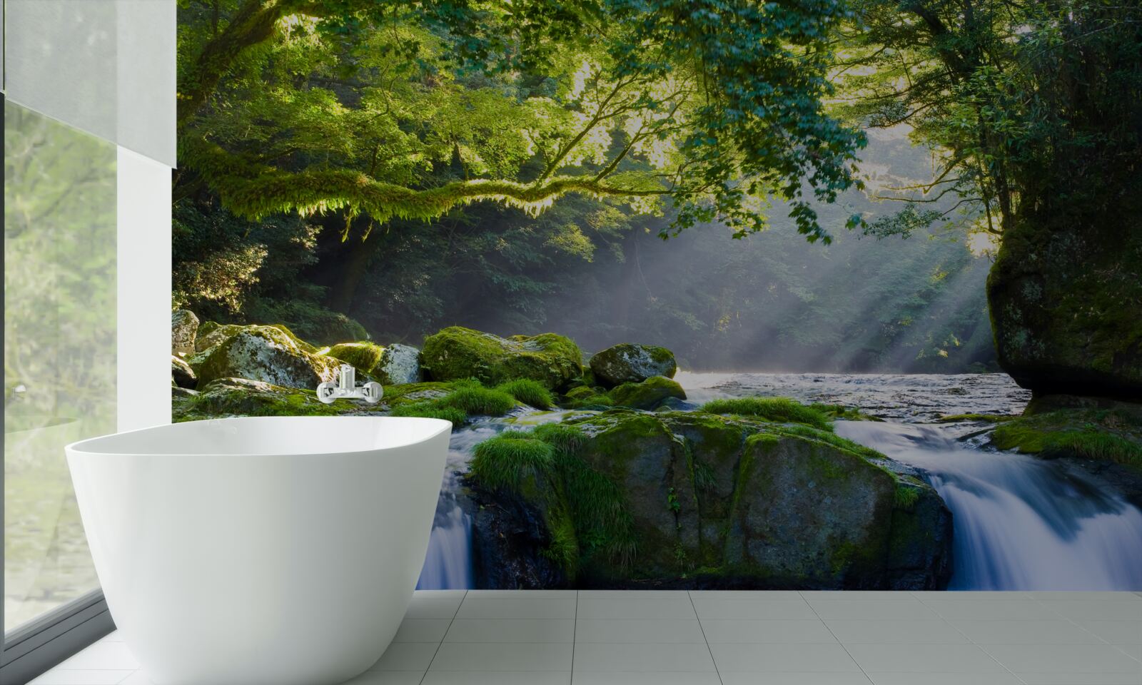 Fotobehang de zonnestralen bereiken de boswaterval