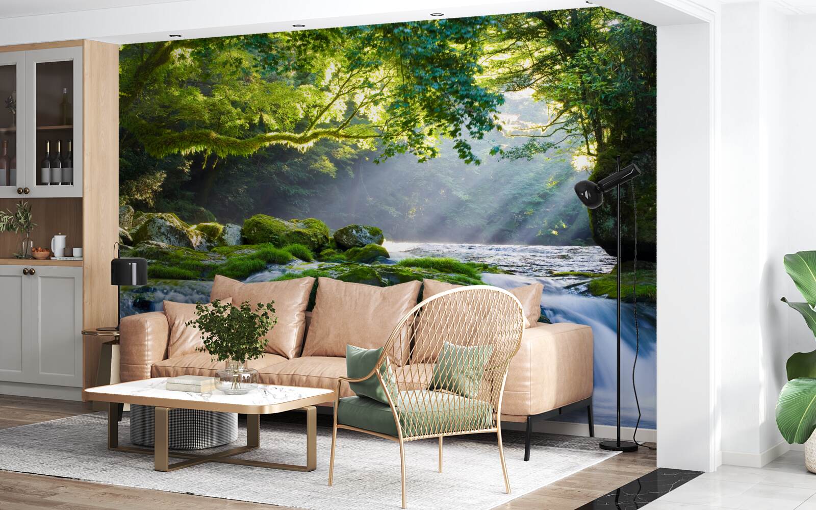 Fotobehang de zonnestralen bereiken de boswaterval