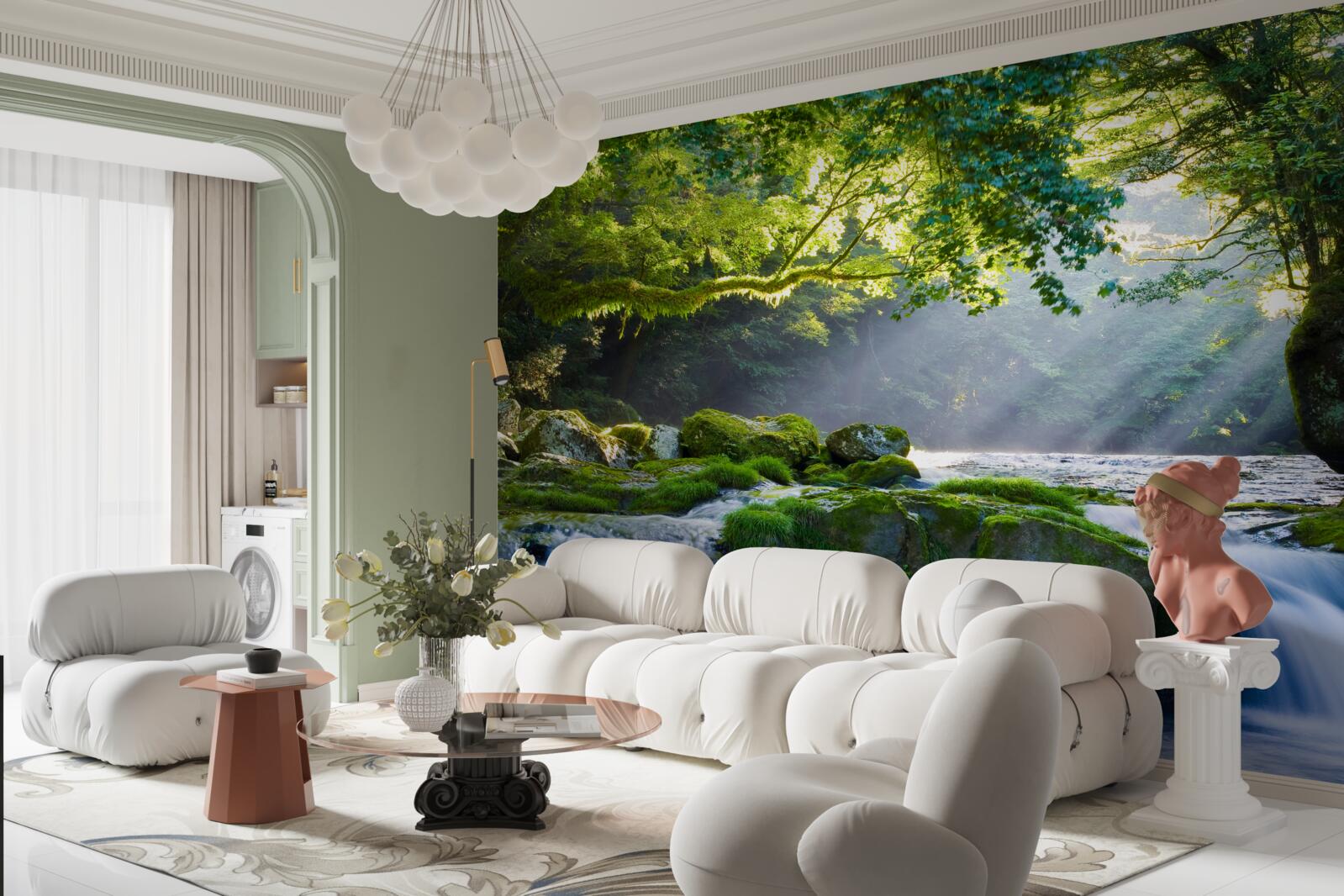 Fotobehang de zonnestralen bereiken de boswaterval