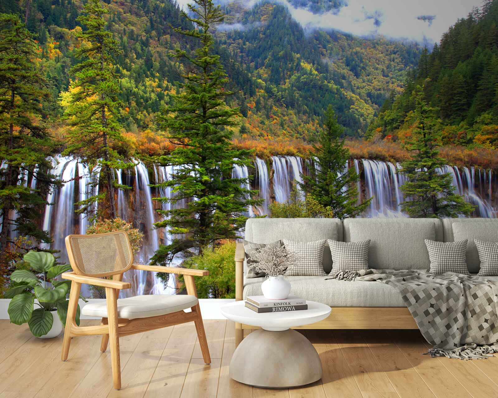 Fotobehang een enorme waterval die langs de berghelling naar beneden stroomt