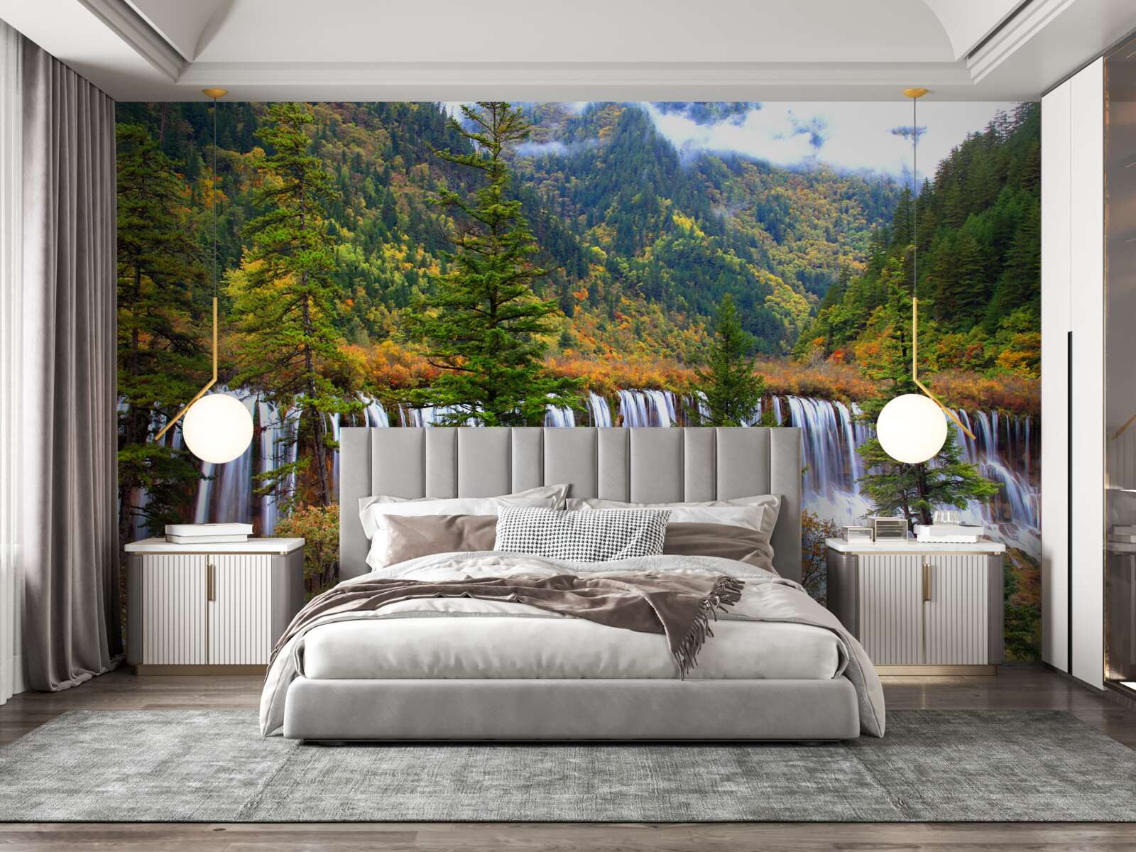 Fotobehang een enorme waterval die langs de berghelling naar beneden stroomt