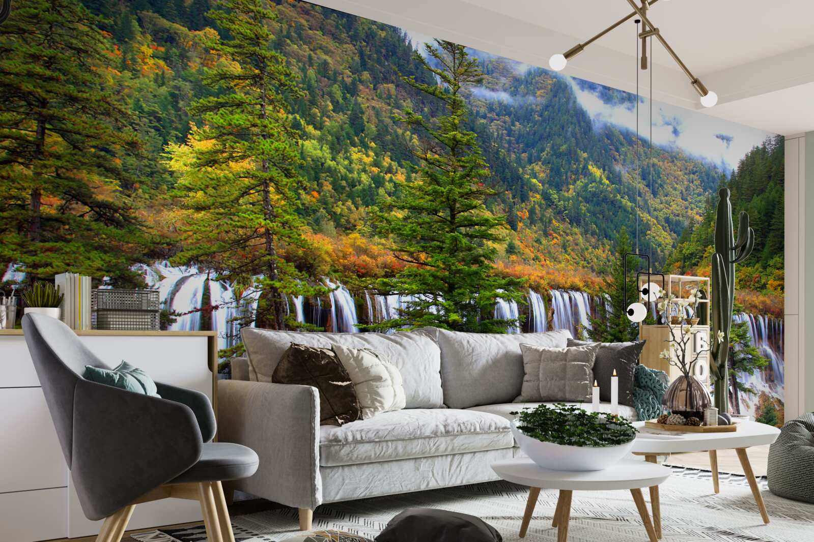 Fotobehang een enorme waterval die langs de berghelling naar beneden stroomt