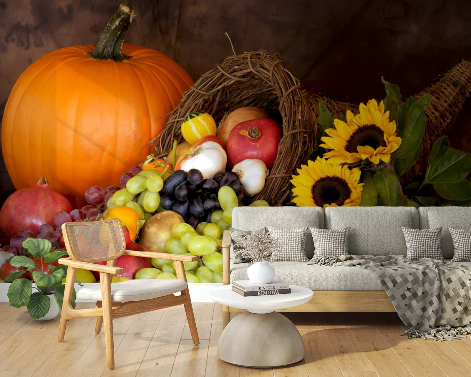 Fotobehang samenstelling van fruit en zonnebloemen