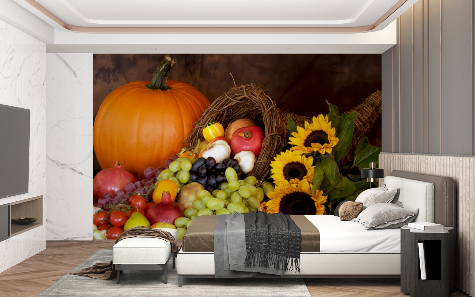 Fotobehang samenstelling van fruit en zonnebloemen