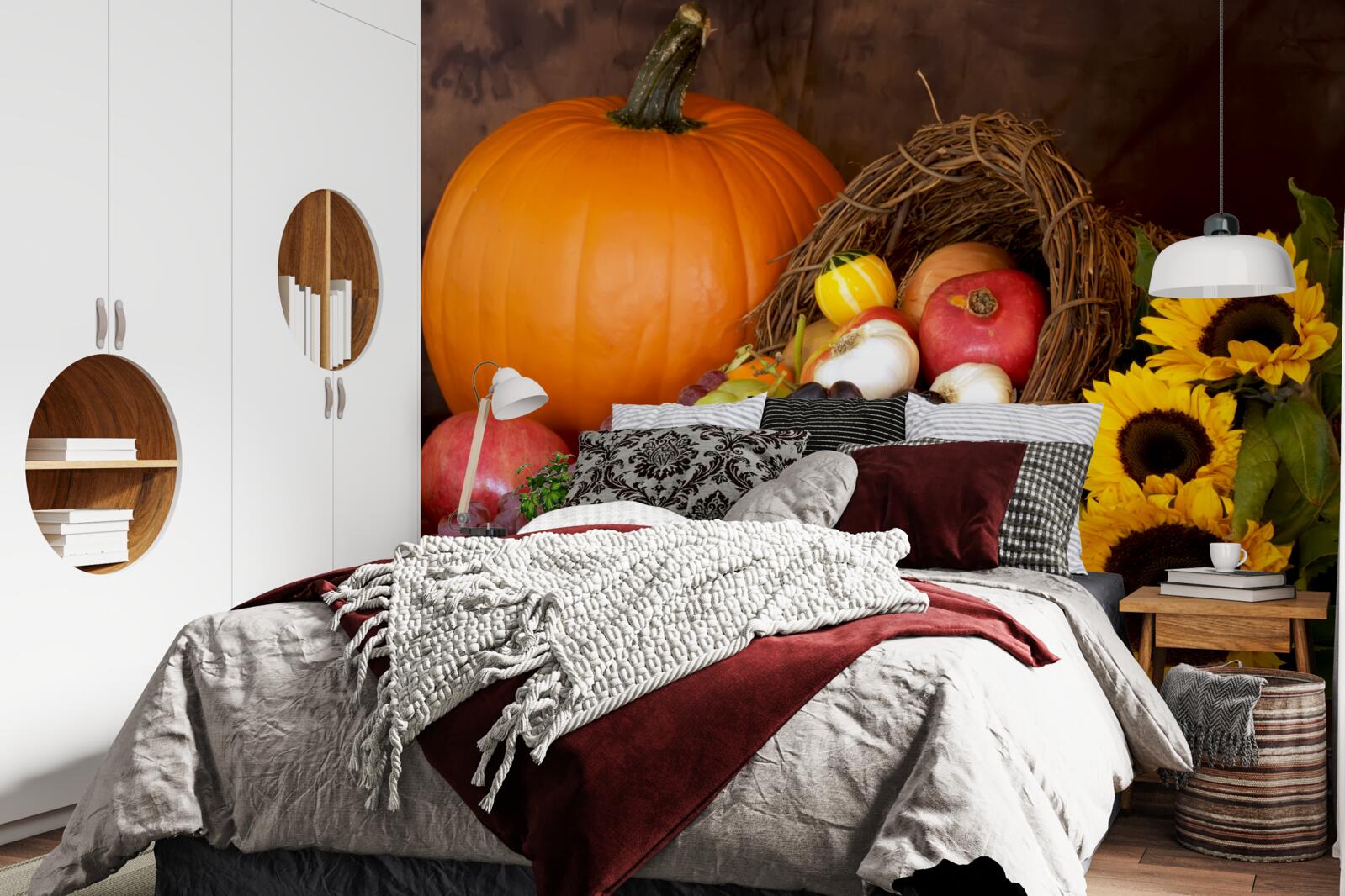 Fotobehang samenstelling van fruit en zonnebloemen