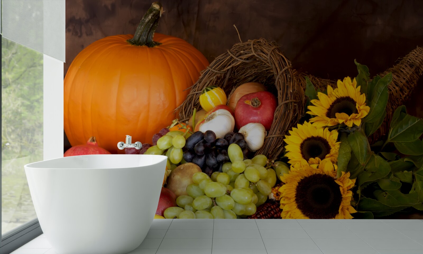 Fotobehang samenstelling van fruit en zonnebloemen