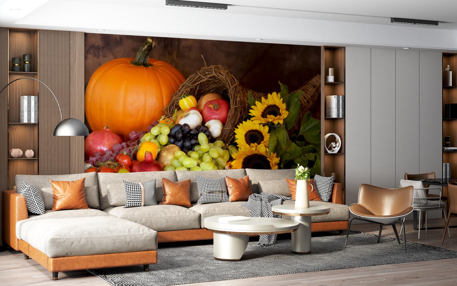 Fotobehang samenstelling van fruit en zonnebloemen