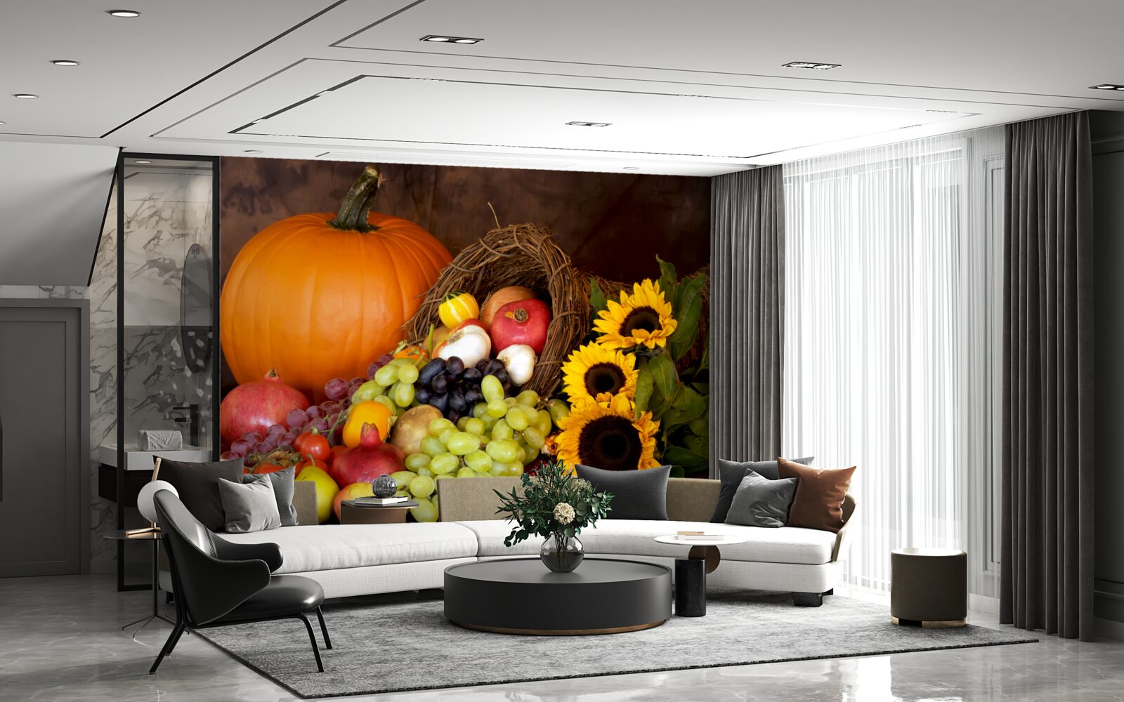 Fotobehang samenstelling van fruit en zonnebloemen