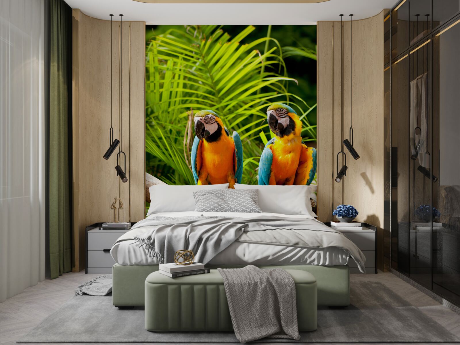 Fotobehang twee ares zittend op palmtakken