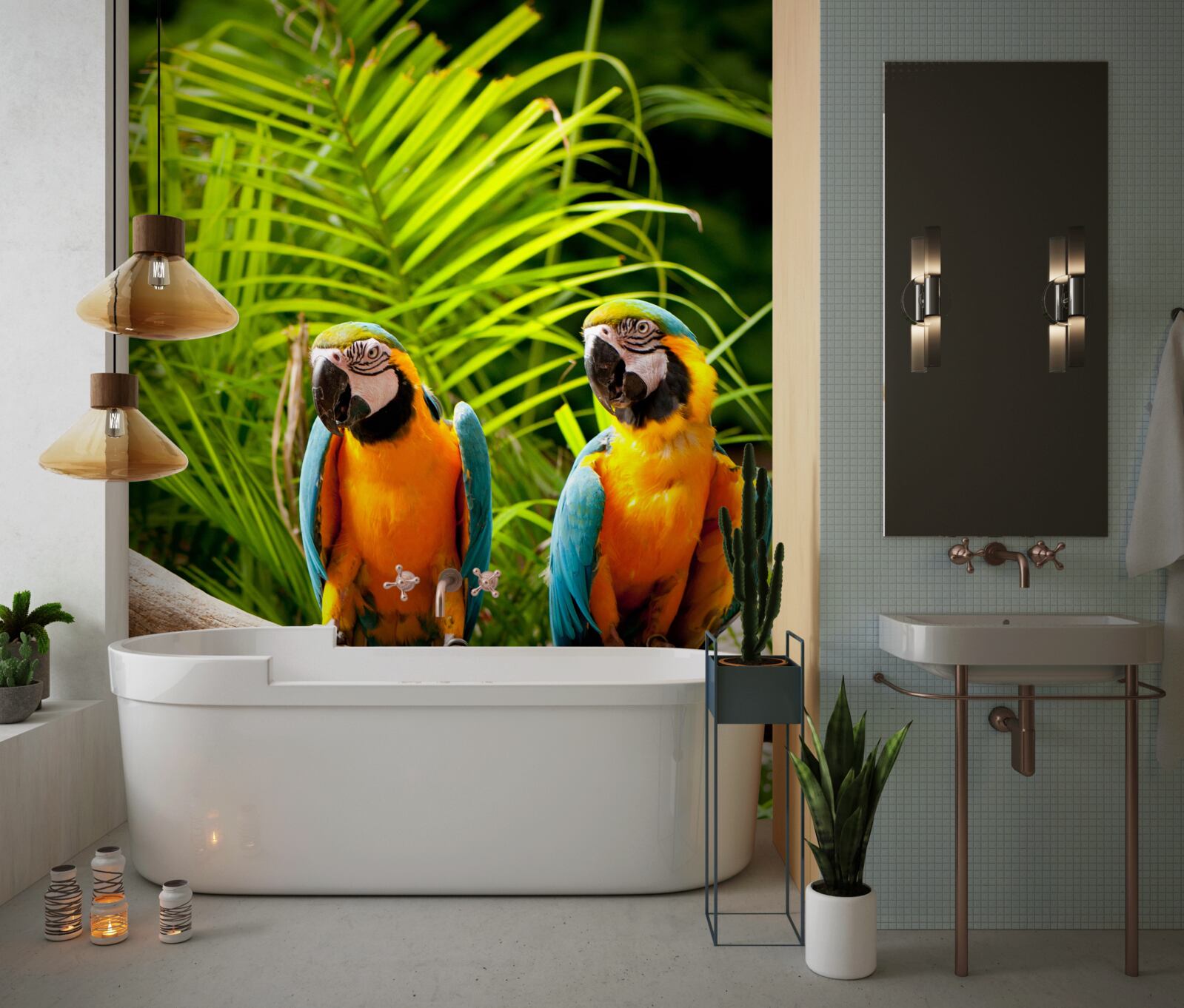 Fotobehang twee ares zittend op palmtakken