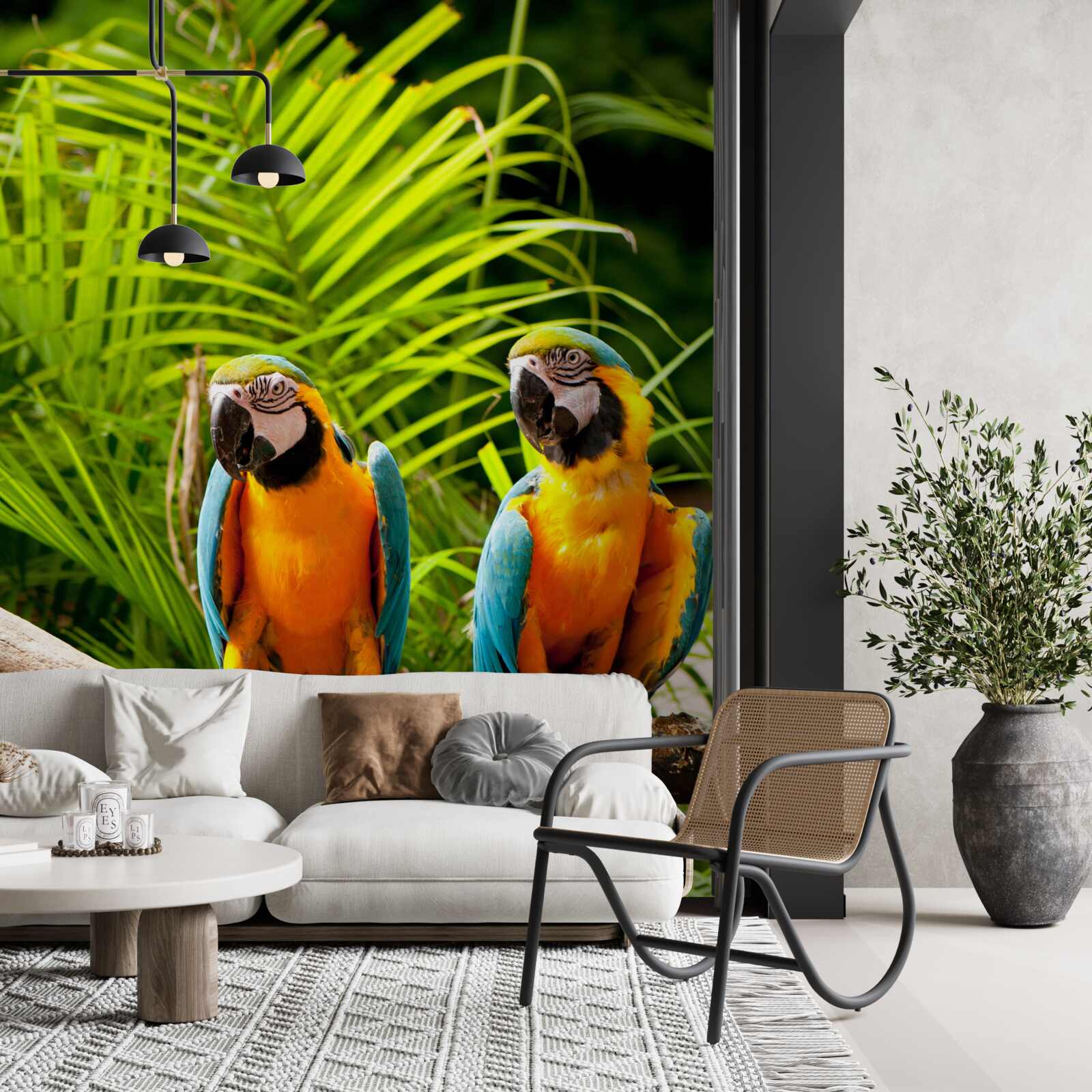 Fotobehang twee ares zittend op palmtakken