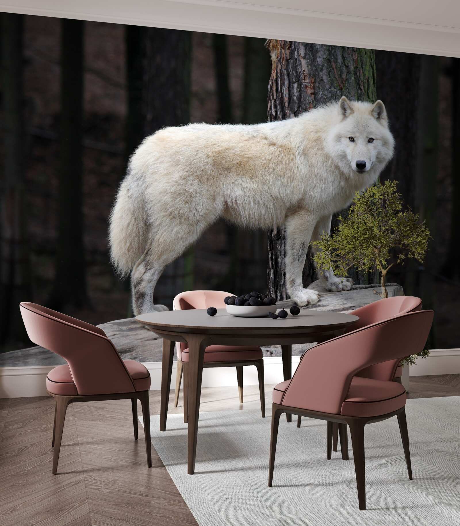 Fotobehang grijze wolf op een houten boomstam