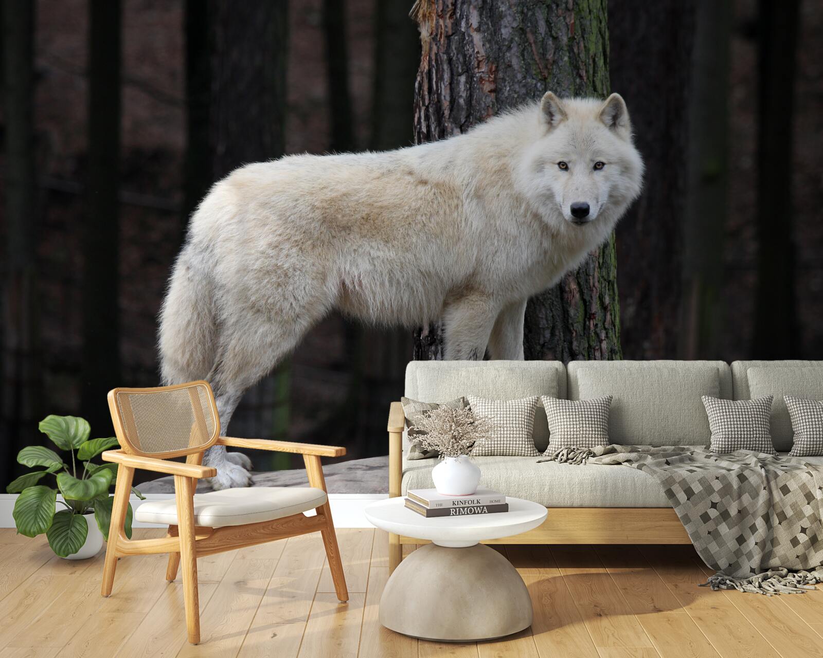 Fotobehang grijze wolf op een houten boomstam