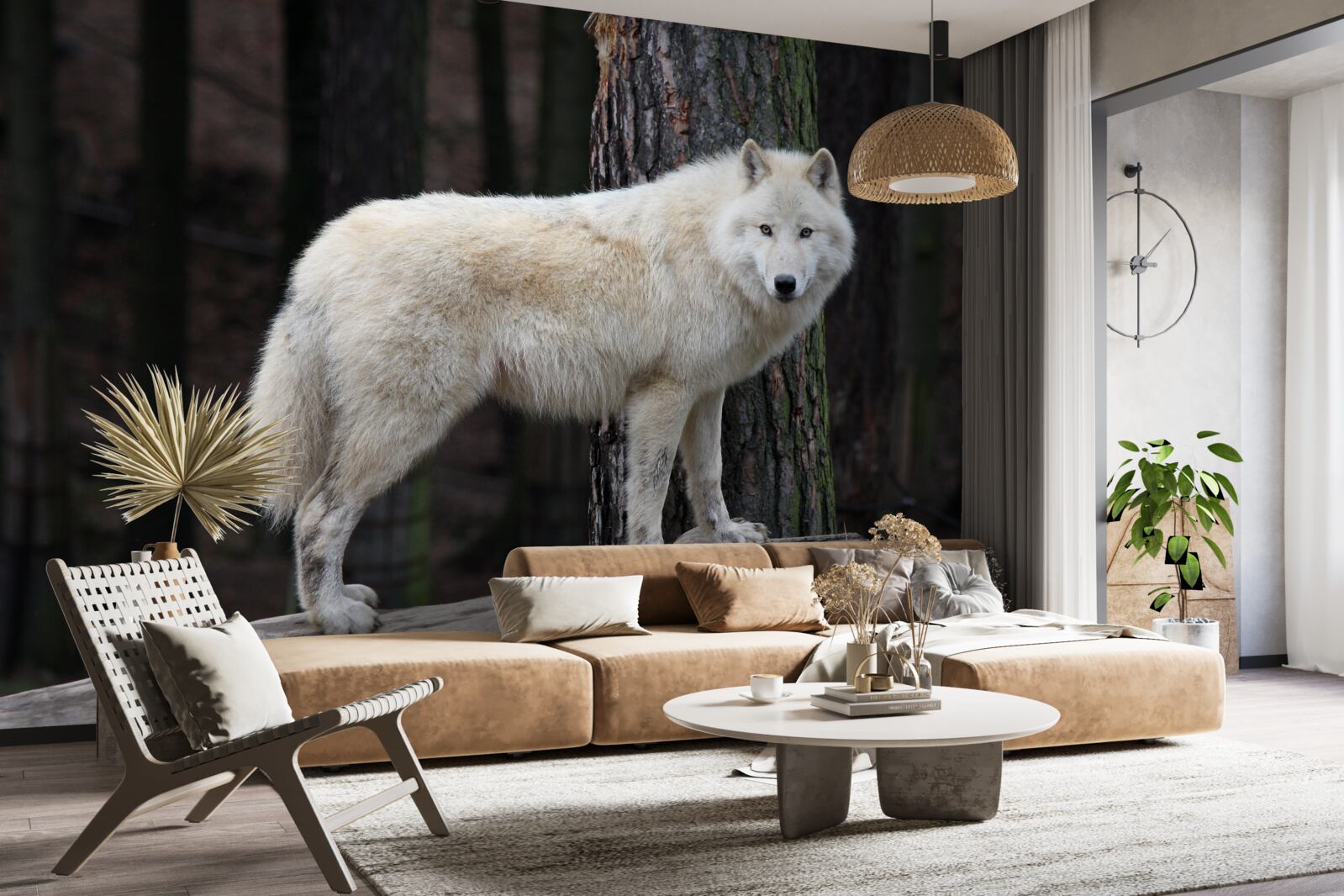 Fotobehang grijze wolf op een houten boomstam