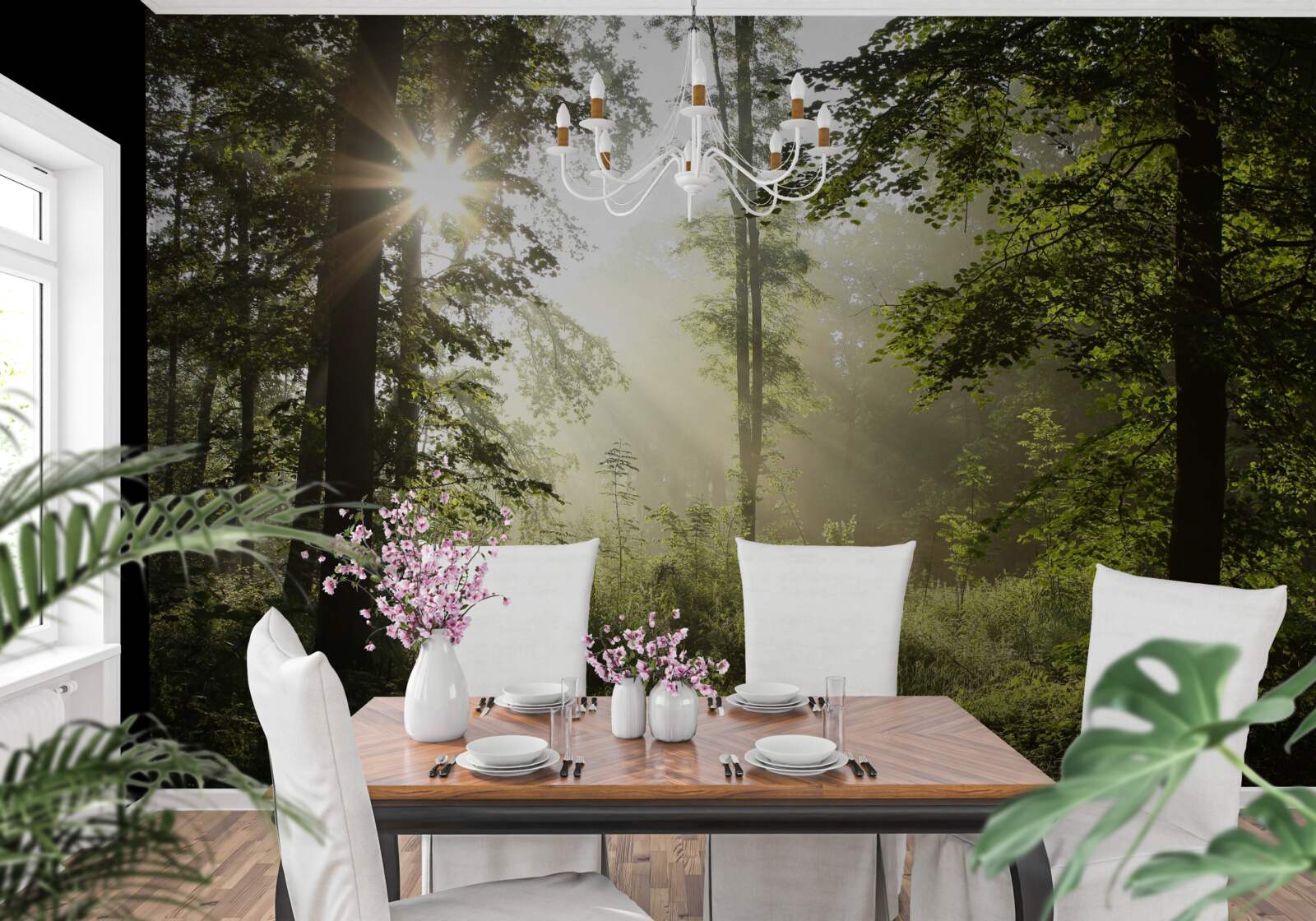 Fotobehang de zonnestralen weren de nachtelijke kilte van de bomen af