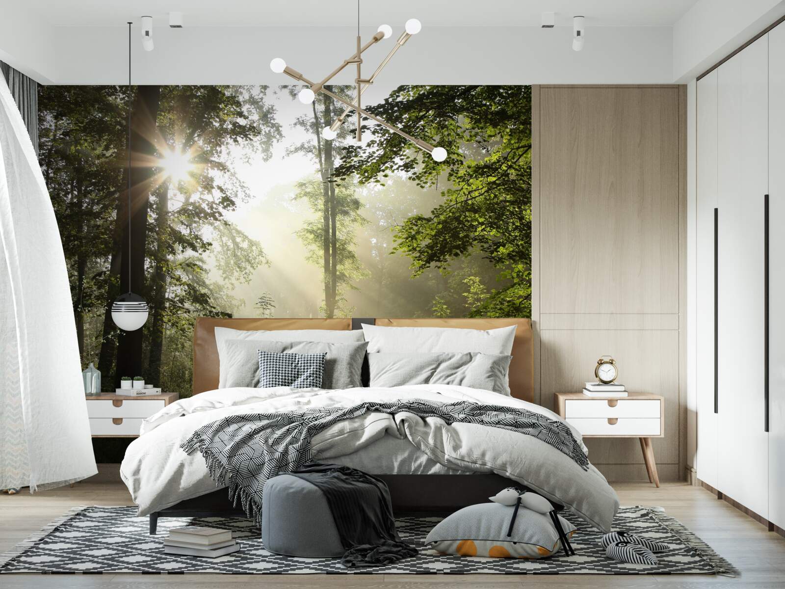 Fotobehang de zonnestralen weren de nachtelijke kilte van de bomen af